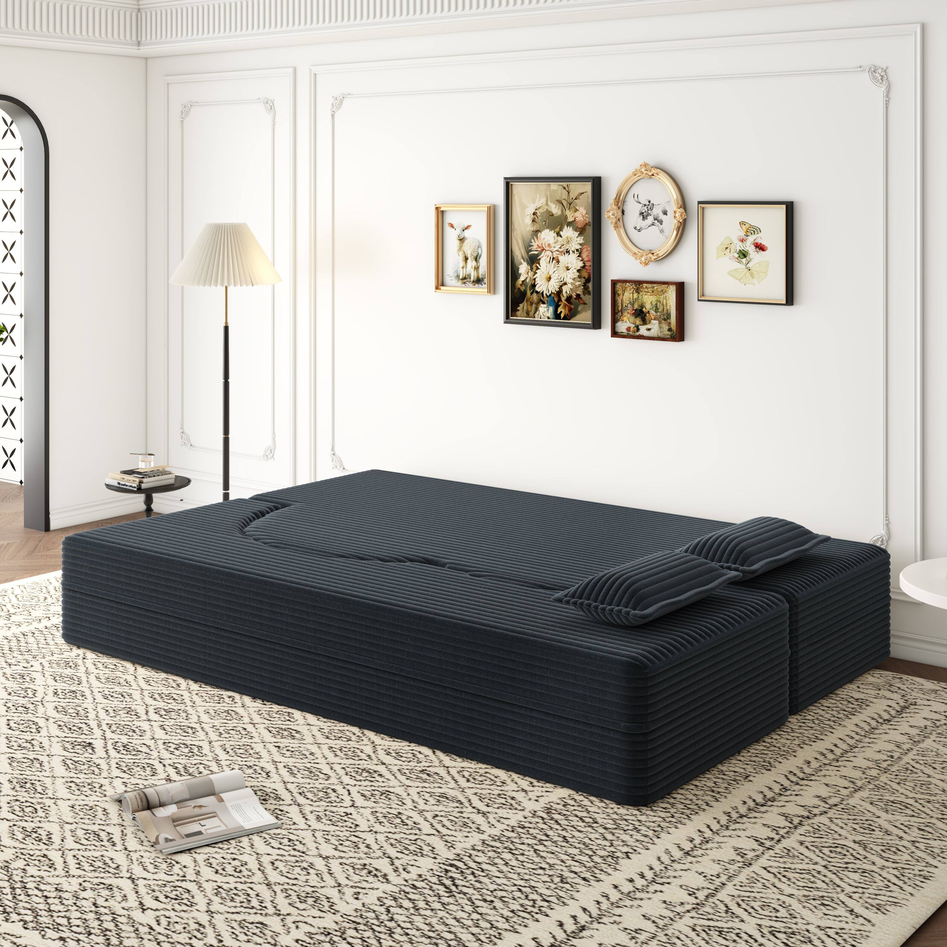 Back. Trinkets Crazed - Convertible Sleeper Sofa Bed,15" Thick Full Size Folding Floor Couch, Corduroy Foam-Filled Futon Loveseat Couch - Dark Grey.