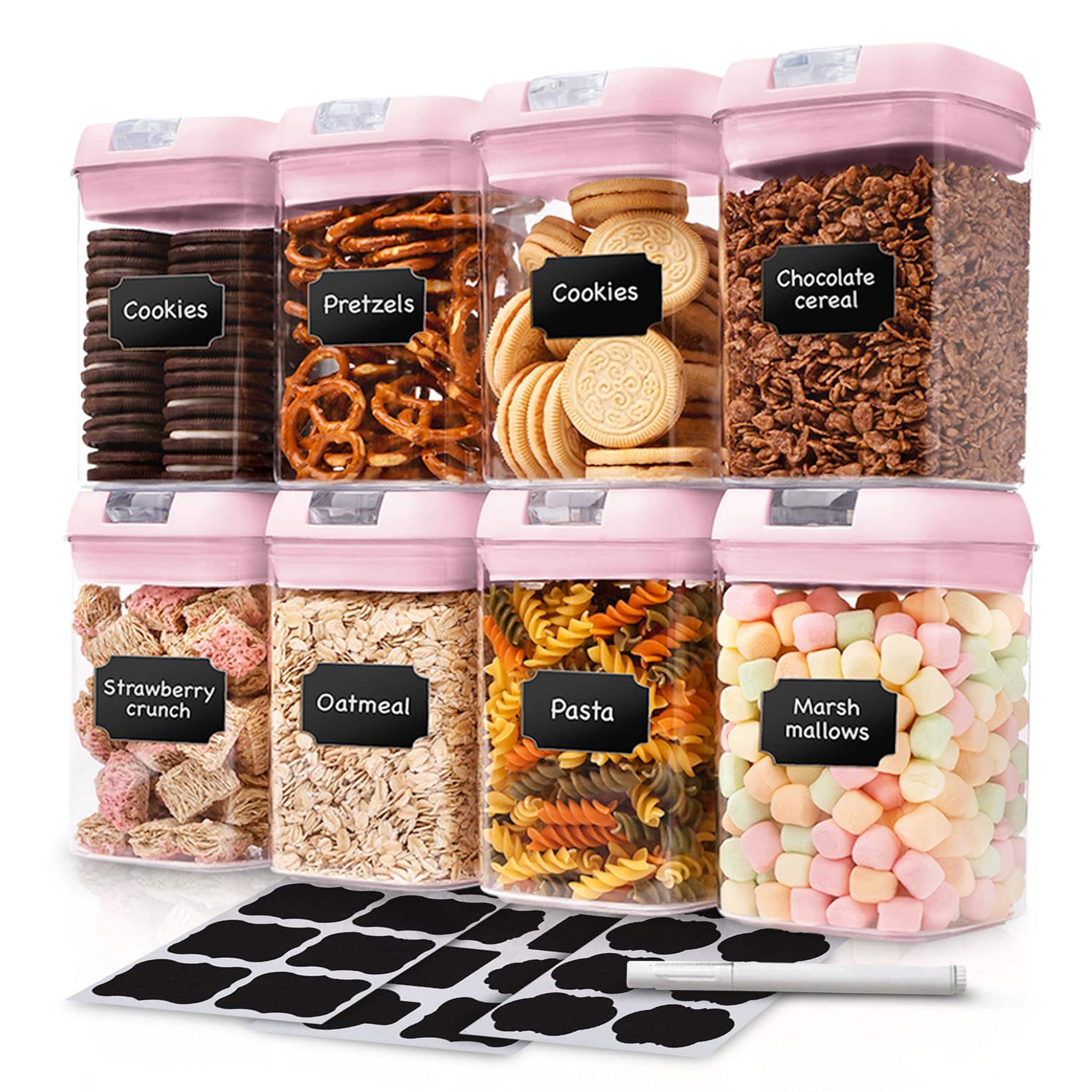 Cheer Collection - Airtight Food Storage Containers, 8-Piece 28-Ounce Stackable Pantry Set with Flip-Top Lids, Labels and Marker - Pink