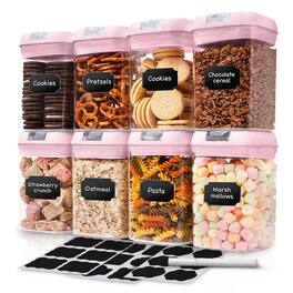 Cheer Collection - Airtight Food Storage Containers, 8-Piece 28-Ounce Stackable Pantry Set with Flip-Top Lids, Labels and Marker - Pink
