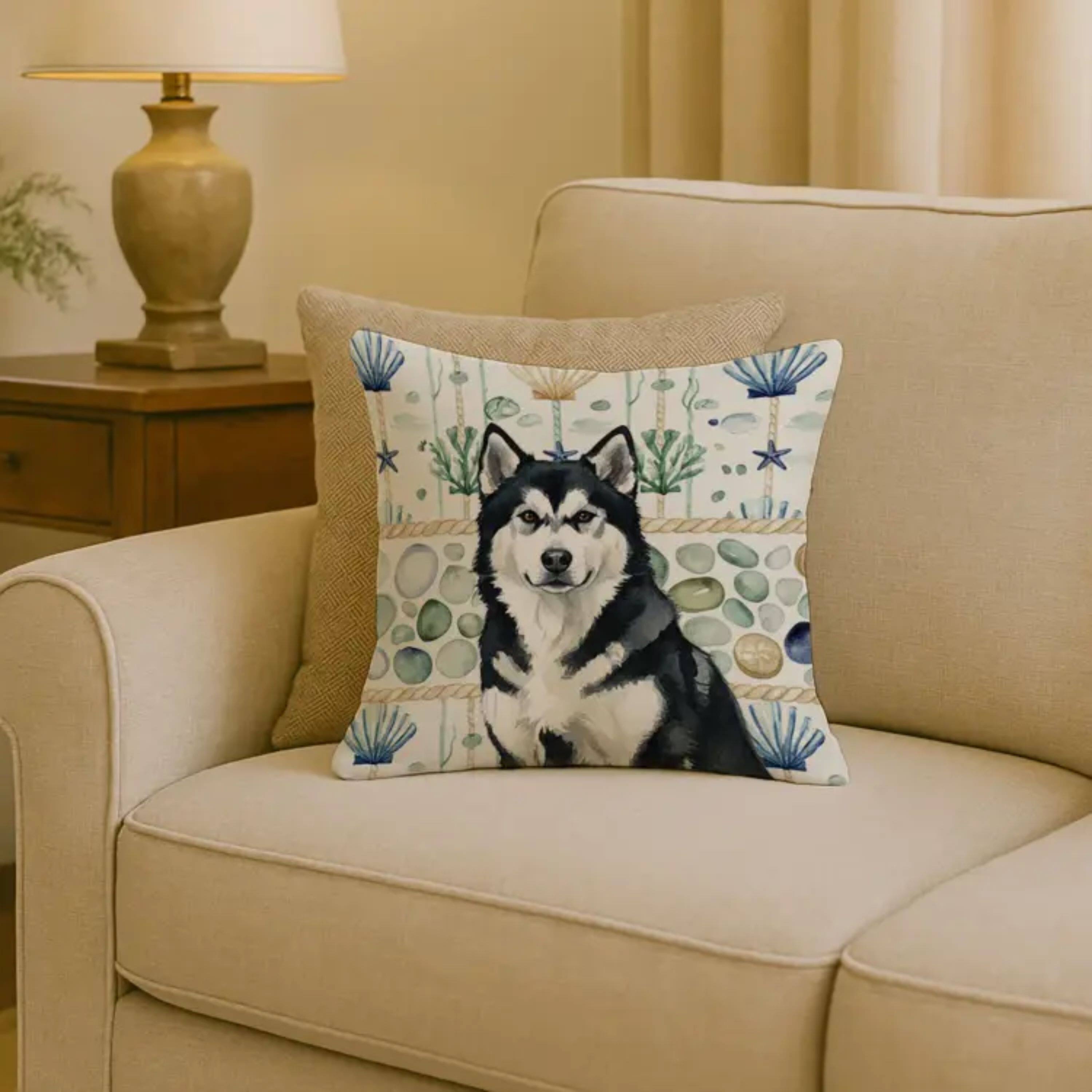 Angle. Kitcheniva - 18" x 18" Coastal Sea Design Throw Pillow Home Decor Alaskan Malamute Black And White - Multicolor.