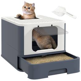 Pawhut - Cat Litter Box with Lid, Covered Large Cat Litter Box with Scoop, Front Entry and Top Exit, Large Adult Cats - White