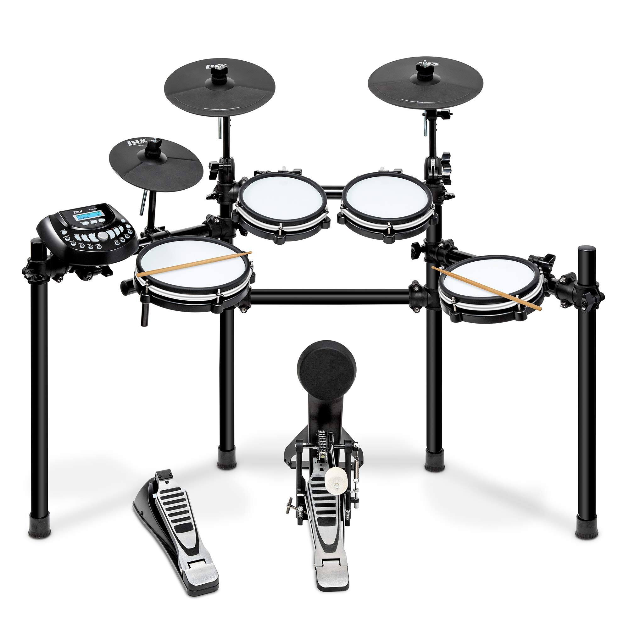 Front. Lyxpro - 8-Piece Electronic Drum Set, Pro Electric Drum Set with Real Mesh Fabric & Sticks Included - Black.