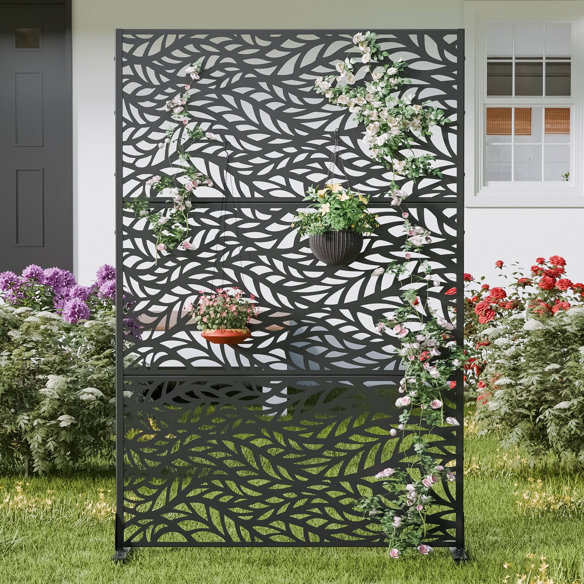 Alt View 1. PexFix - 72 in. x 47 in. Spring Pattern Metal Outdoor Privacy Screen & Panels, Freestanding Garden Divider Fence - Black.
