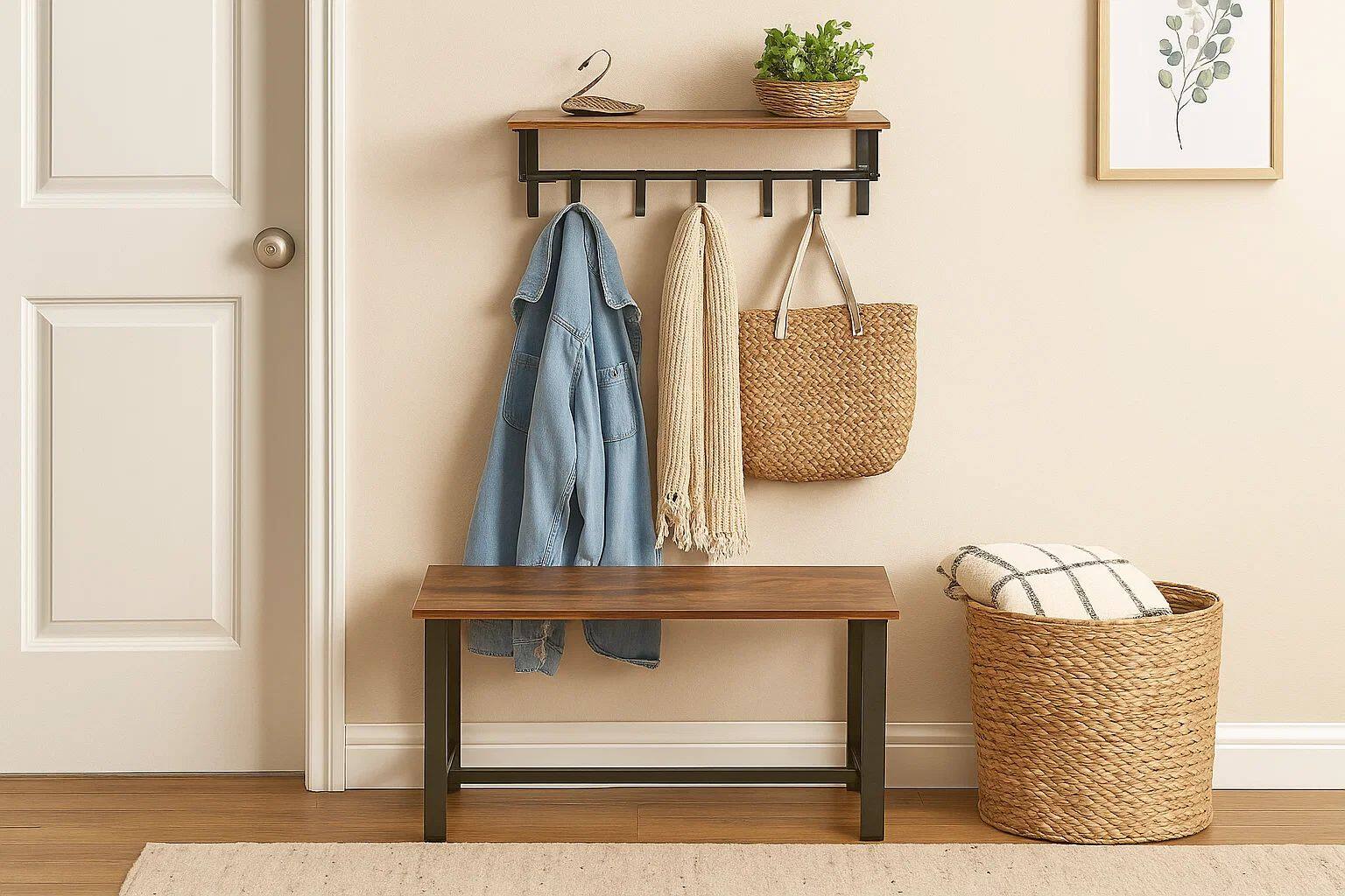 Alt View 6. Manhattan Lane - 26 Inch Industrial Metal Frame Wall Mount Coat Rack, 5 Hooks, 1 Shelf - Brown and Black.