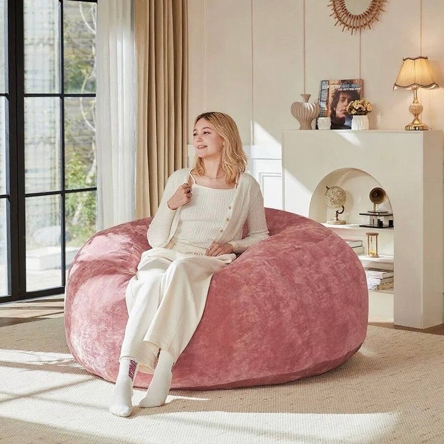 Back. GOODSILO - 4FT Bean Bag Chair - Memory Foam Filled, Soft Flannel Cover, Round Sofa for Living Room, Bedroom, Dorm - Light Pink.