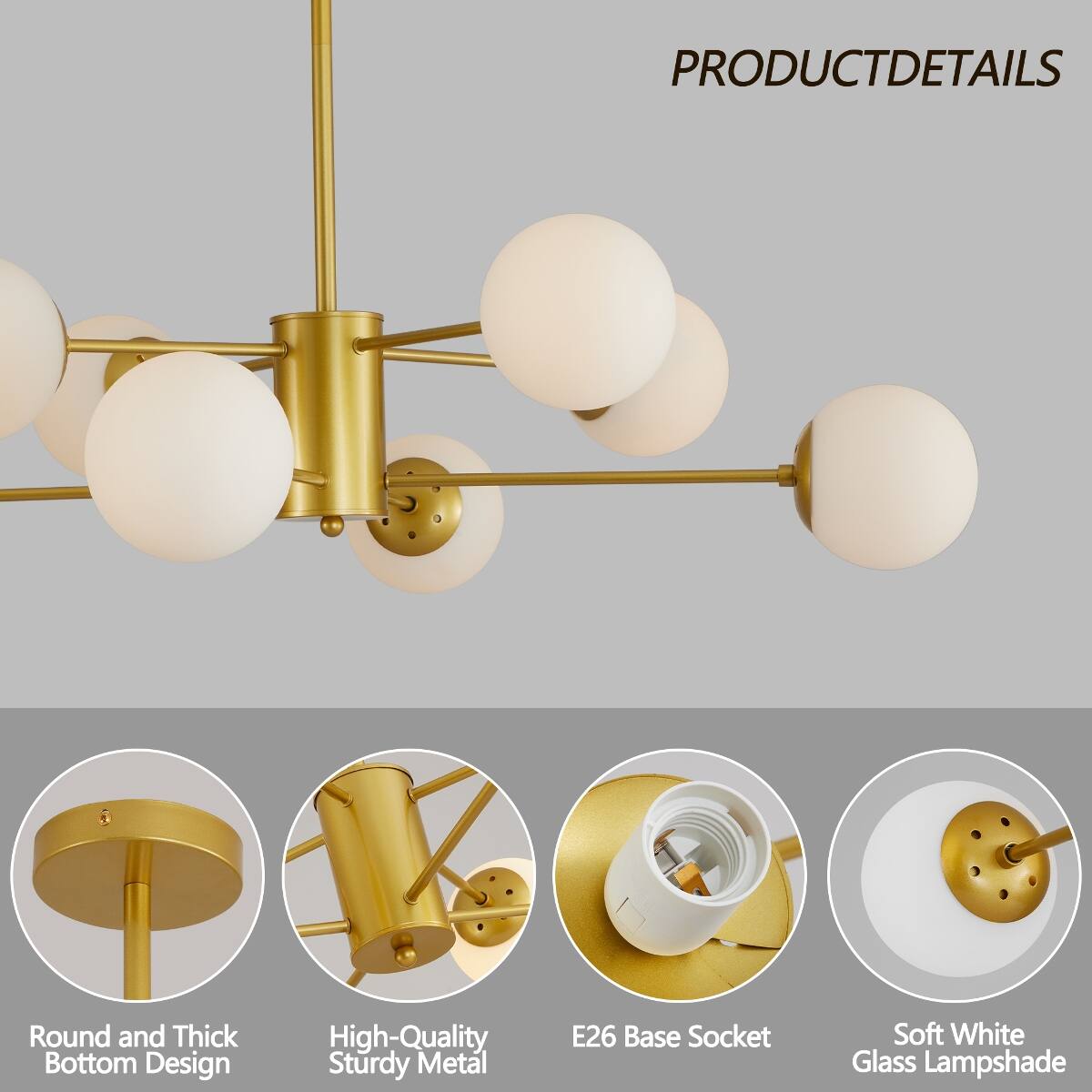 PRODUCT DETAILS

- Round and Thick Bottom Design
- High-Quality Sturdy Metal
- E26 Base Socket
- Soft White Glass Lampshade