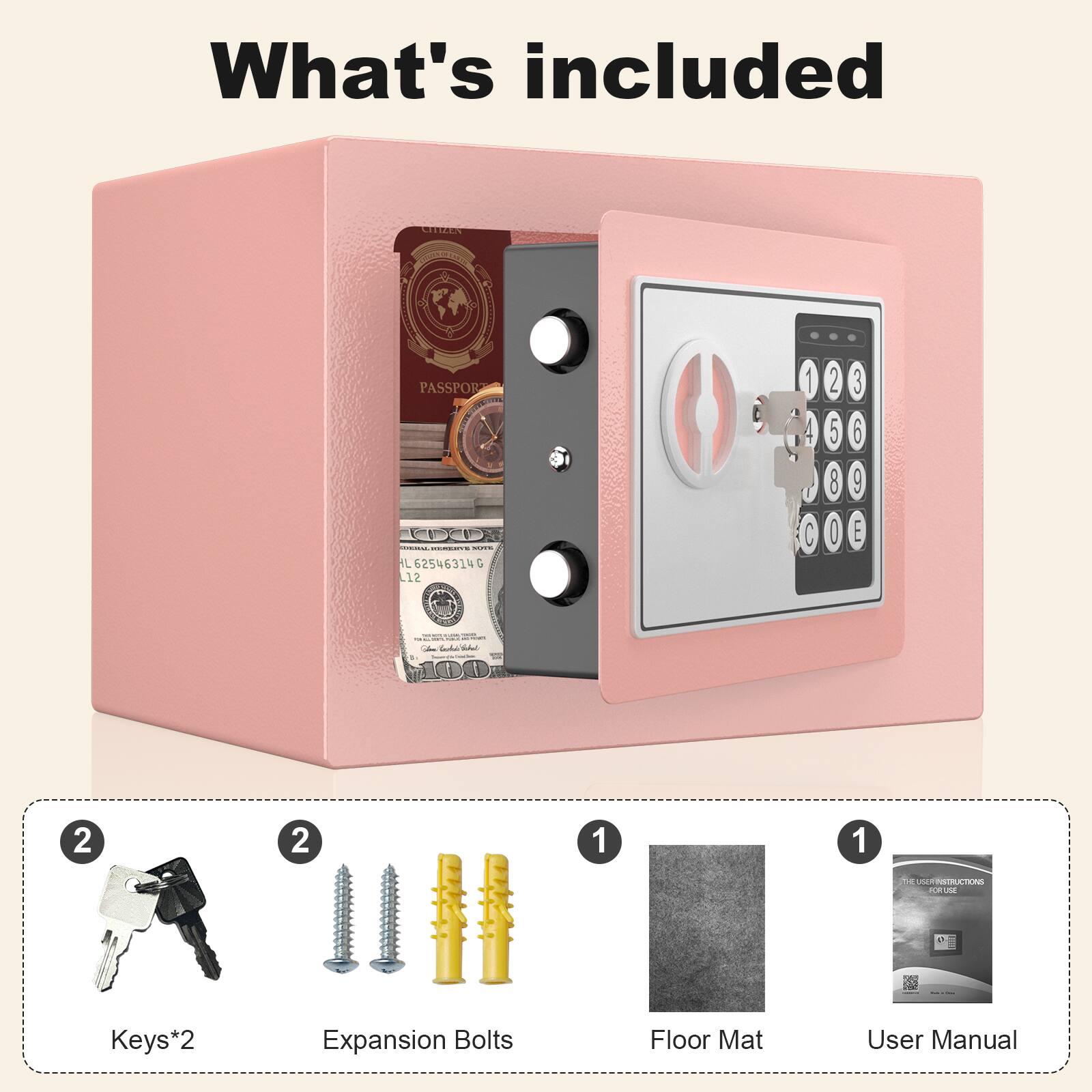 What's included

- Keys*2
- Expansion Bolts
- Floor Mat
- User Manual