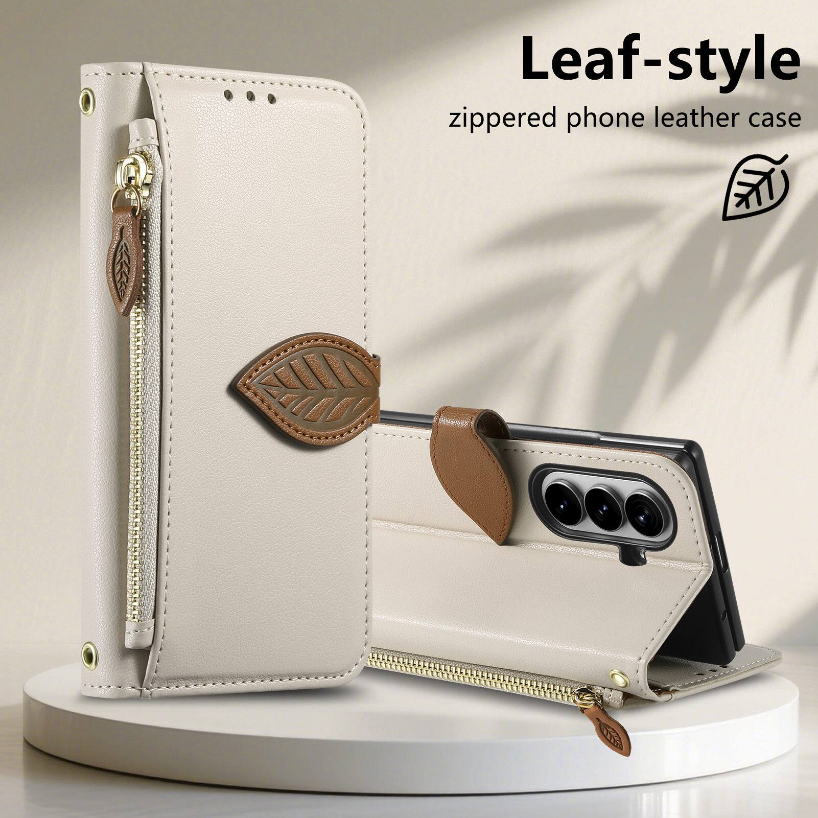 Leaf-style zippered phone leather case