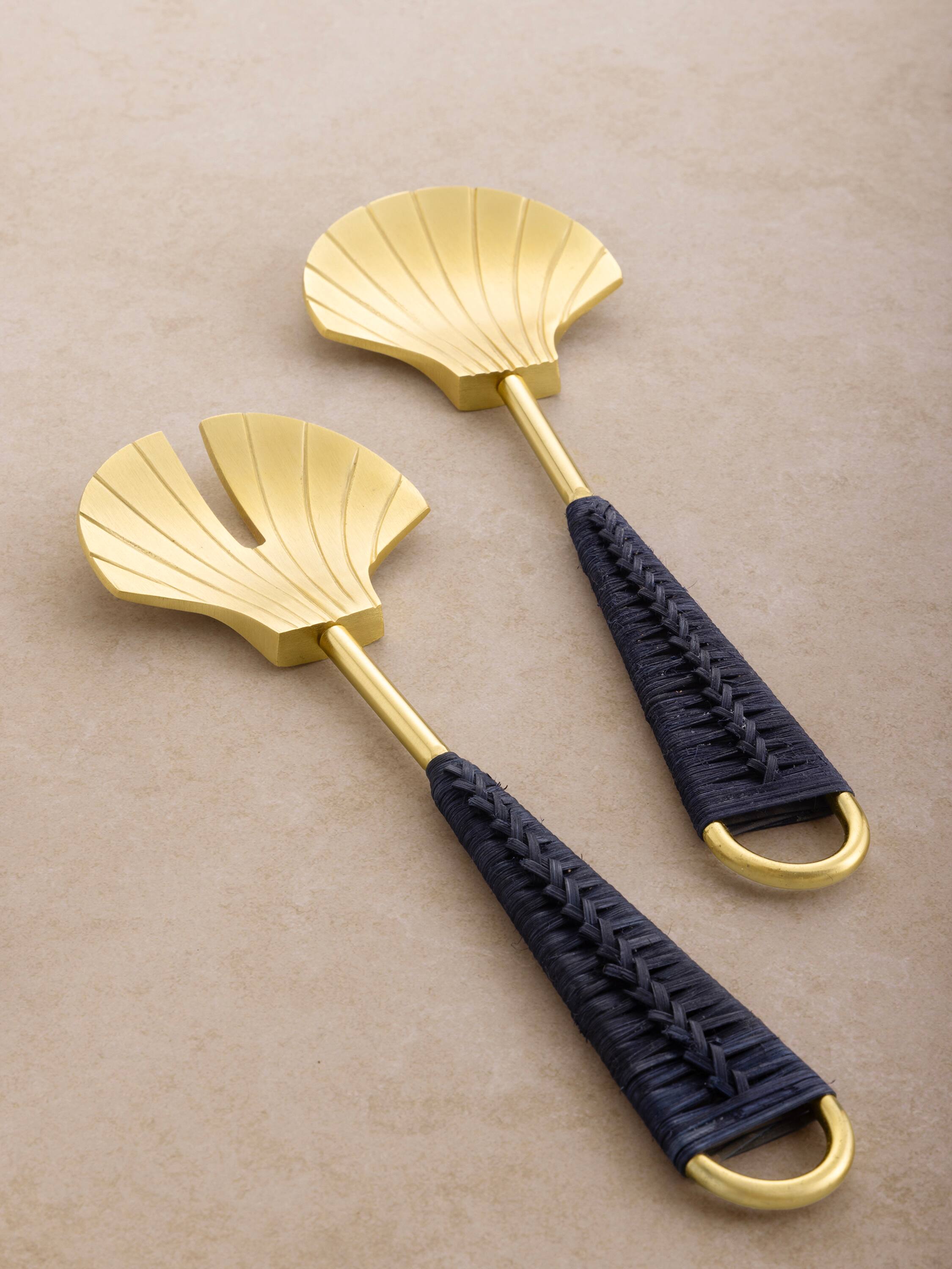 Angle. GAURI KOHLI - Vitali Salad Servers - Blue, matte gold.