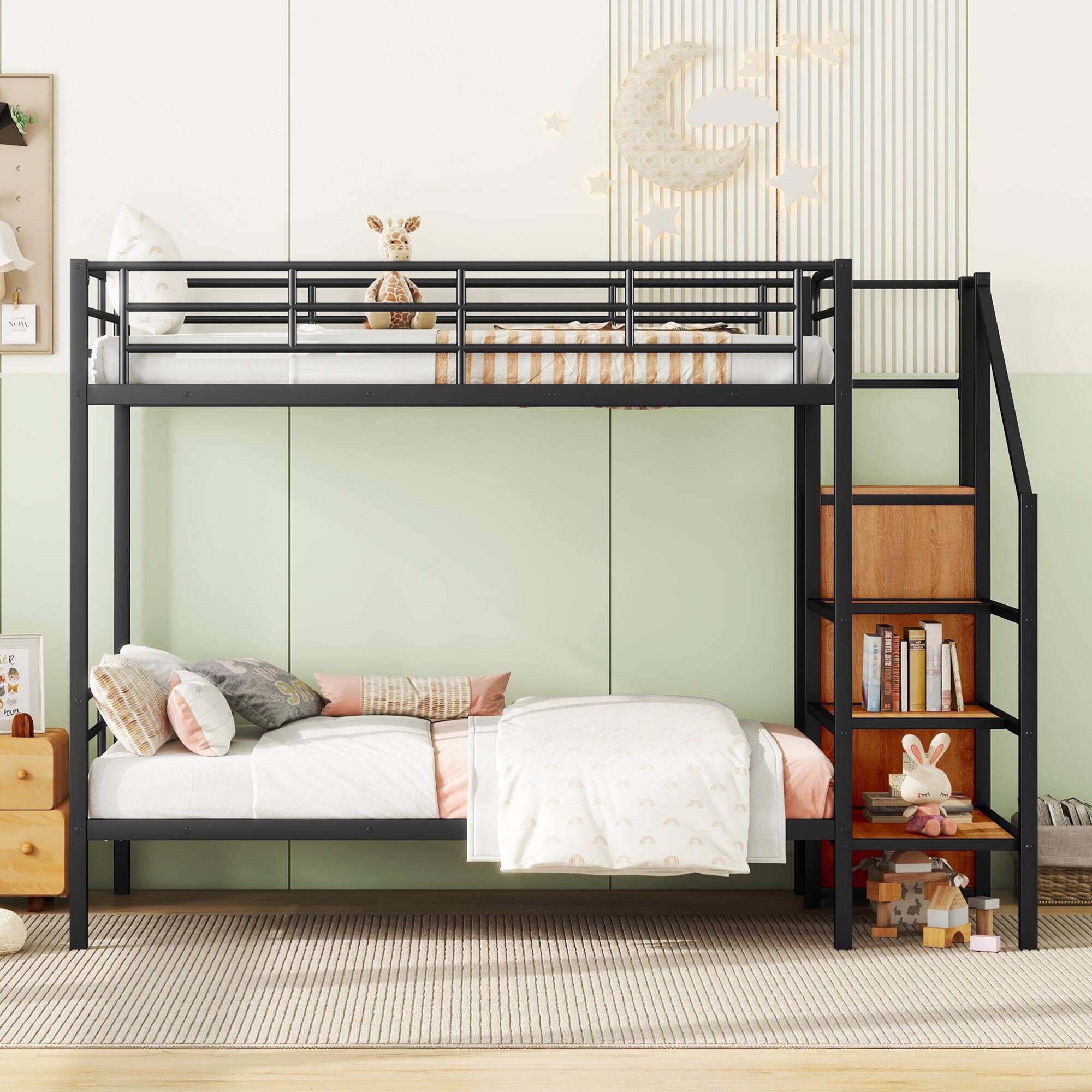 Angle. GOODSILO - Contemporary Twin Over Twin Metal Bunk Bed with Integrated Storage Ladder and Wardrobe - Black.
