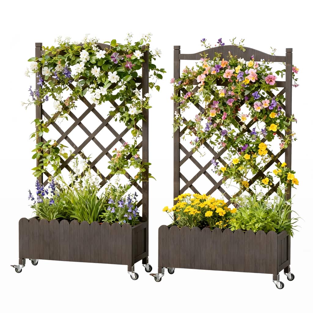 CloudRest Pro - Raised Garden Bed with Trellis and Wheels 48 Inch Elevated Planter Box with Drainage Holes 2 Pack - Brown