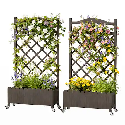 Front. CloudRest Pro - Raised Garden Bed with Trellis and Wheels 48 Inch Elevated Planter Box with Drainage Holes 2 Pack - Brown.