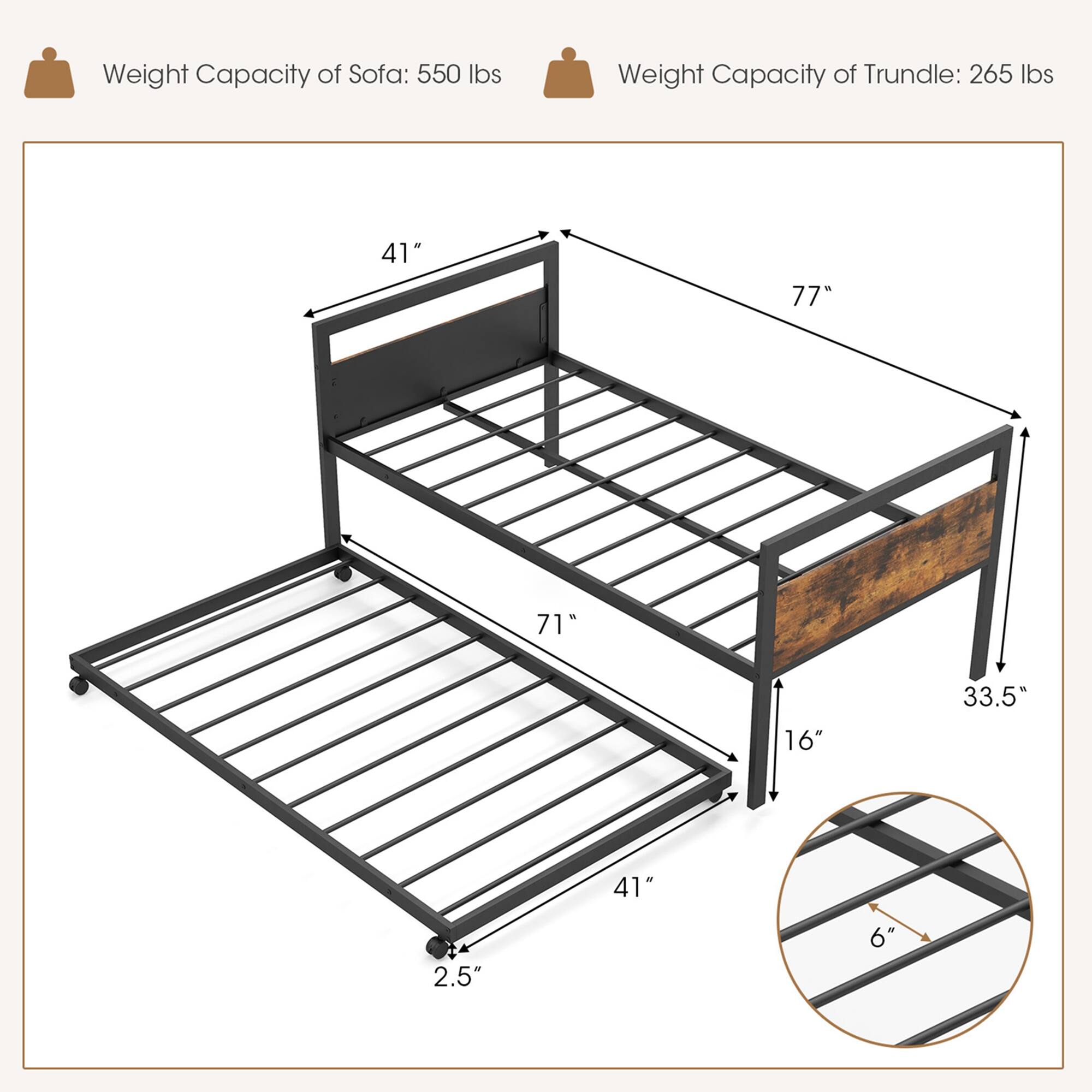 Alt View 2. Costway - Costway Twin Metal Daybed with Trundle Lockable Wheels Heavy Duty Metal Slats Support - Rustic Brown,Black.