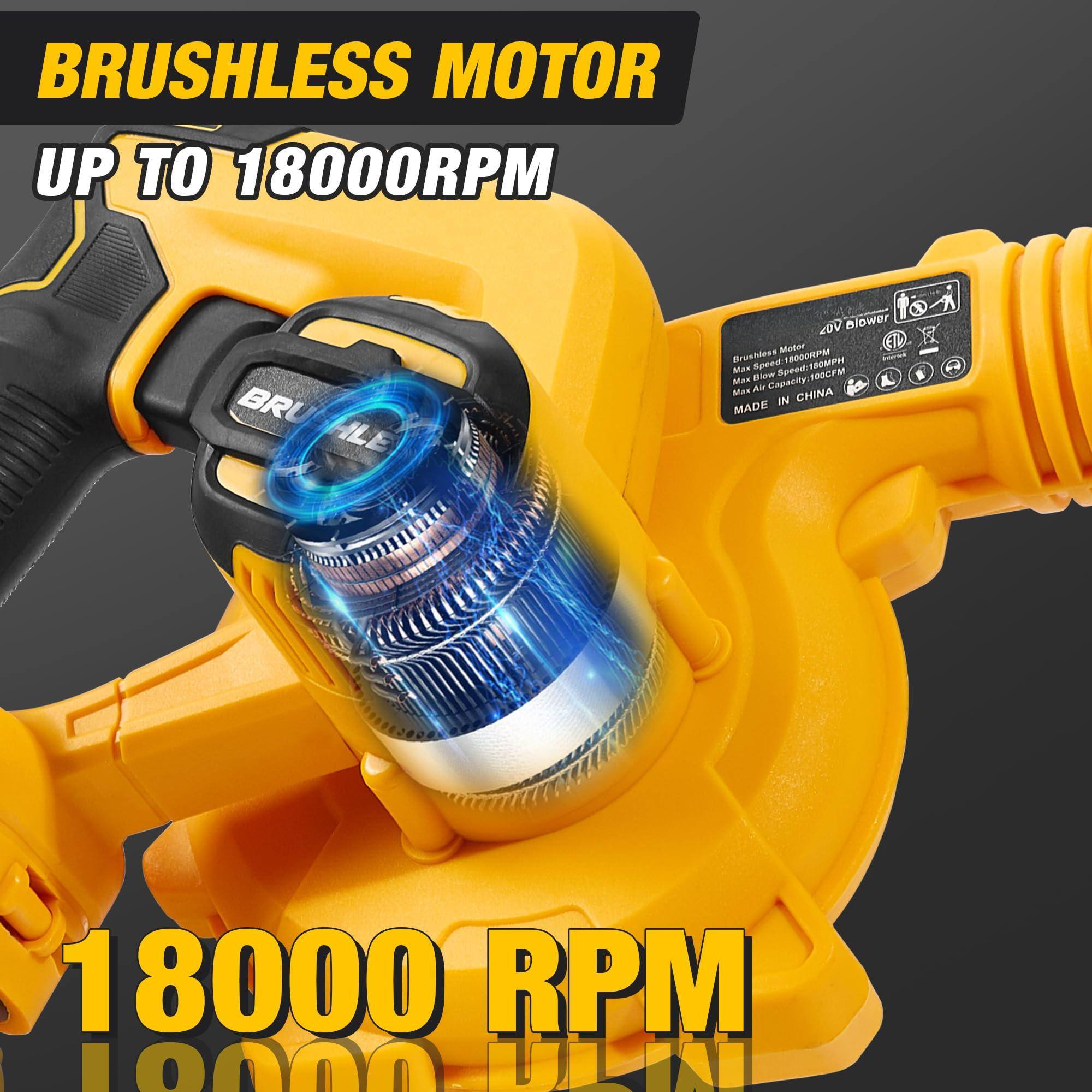 BRUSHLESS MOTOR  
UP TO 18000RPM  

18000 RPM  

20V Blower  
Brushless Motor  
Max Speed: 18000RPM  
Max Capacity: 106CFM  
MADE IN CHINA