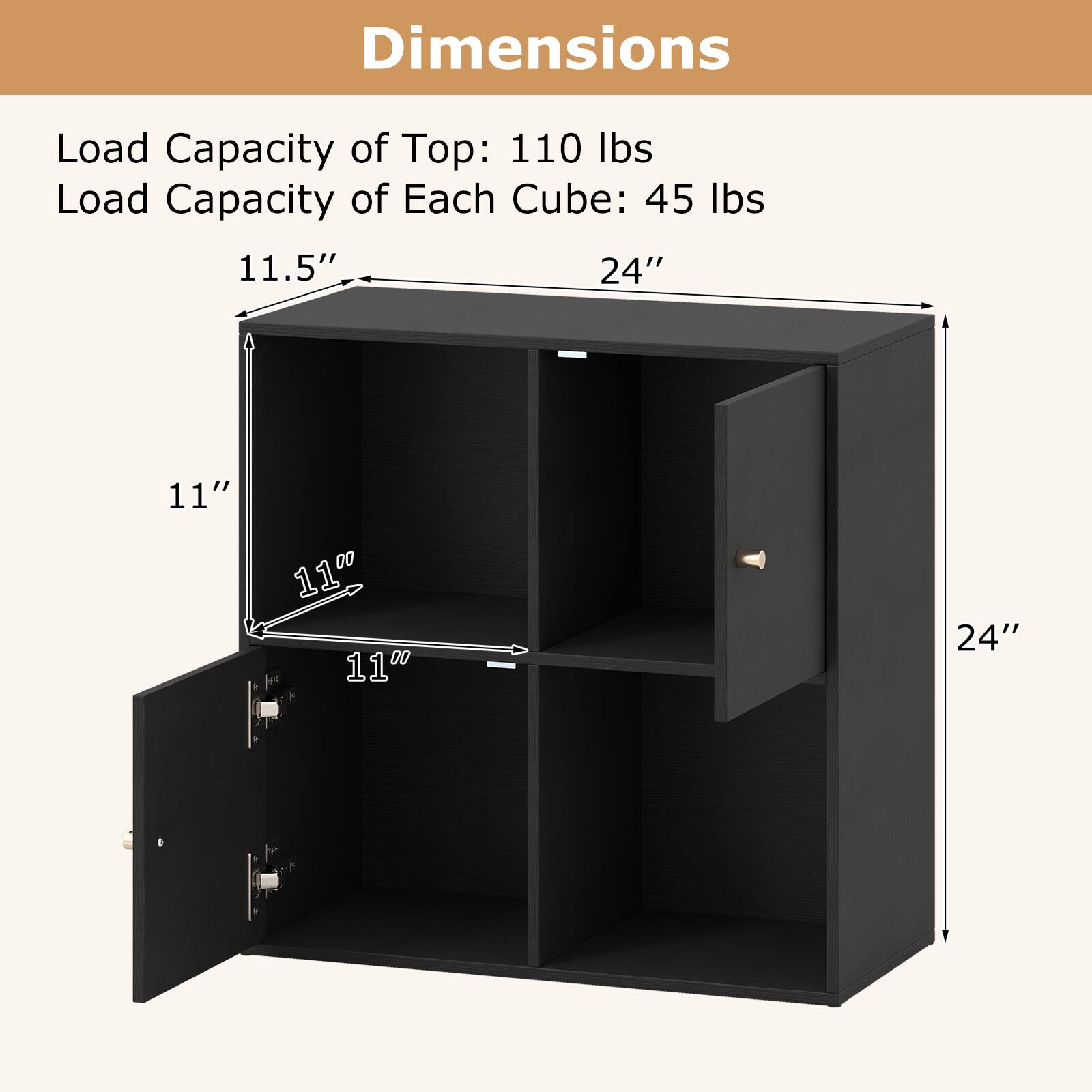Dimensions  
Load Capacity of Top: 110 lbs  
Load Capacity of Each Cube: 45 lbs  

11.5"  
24"  
11"  
11"  
11"  
24"