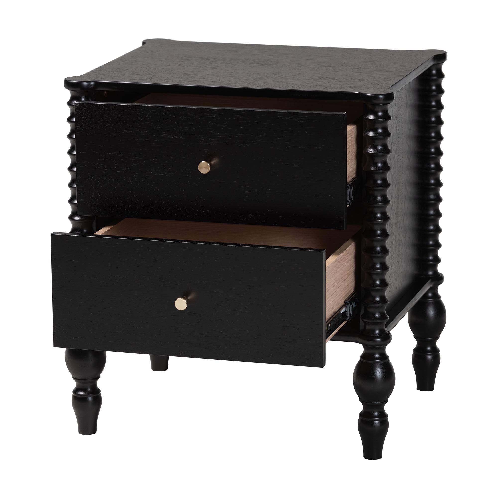 Angle. Baxton Studio - Callison Spindle Nightstand - 2-Drawer Farmhouse Bedside Table with Turned Accents for Bedroom, - Black.