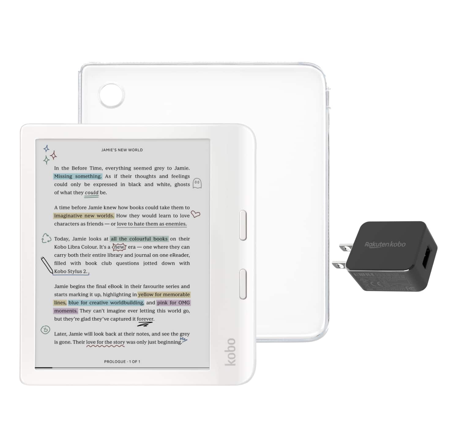 Kobo - Libra Colour eReader (White) with and AC Bundle - 2024 - Clear Case