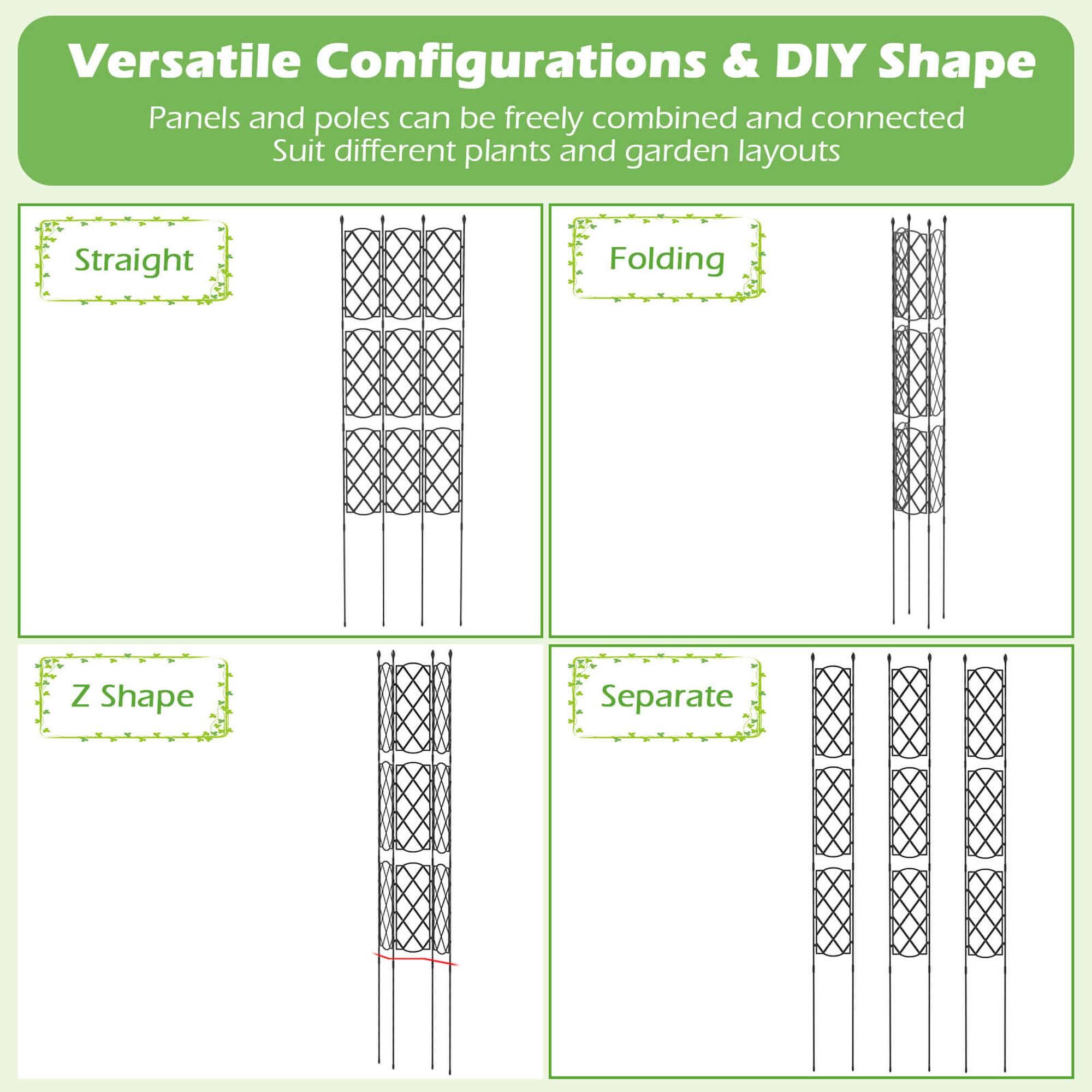 Versatile Configurations & DIY Shape: Panels and poles can be freely combined and connected to suit different plants and garden layouts. Straight, folding, Z shape, and separate options are available for customization.