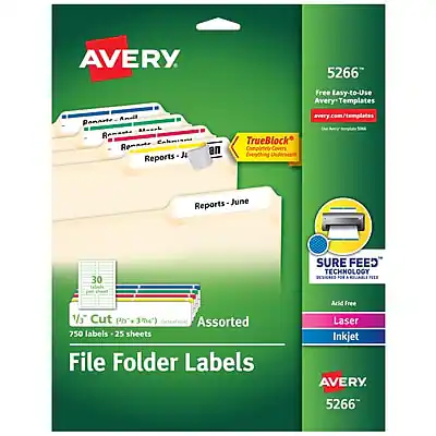 AVERY
5266
Free Easy-to-Use Avery Templates
AveryTemplates.com
Romance, Romance, Romance
Reports - June
TrueBlock
Compire Covers Everything
Reports - June
SURE FEED TECHNOLOGY
DSAR3
FO4
1/3 Cut (1" x 3")
Assorted
750 labels - 25 sheets
File Folder Labels
Laser
Inkjet
Avery
5266