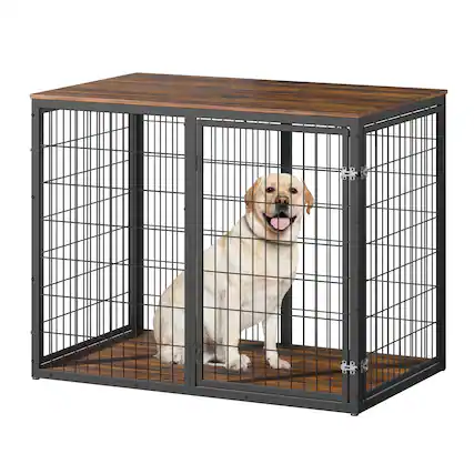 Front. Runesay - 47'' Rustic Brown Dog Crate Dog Cage Furniture with 3 Doors for Large and Medium Dogs.