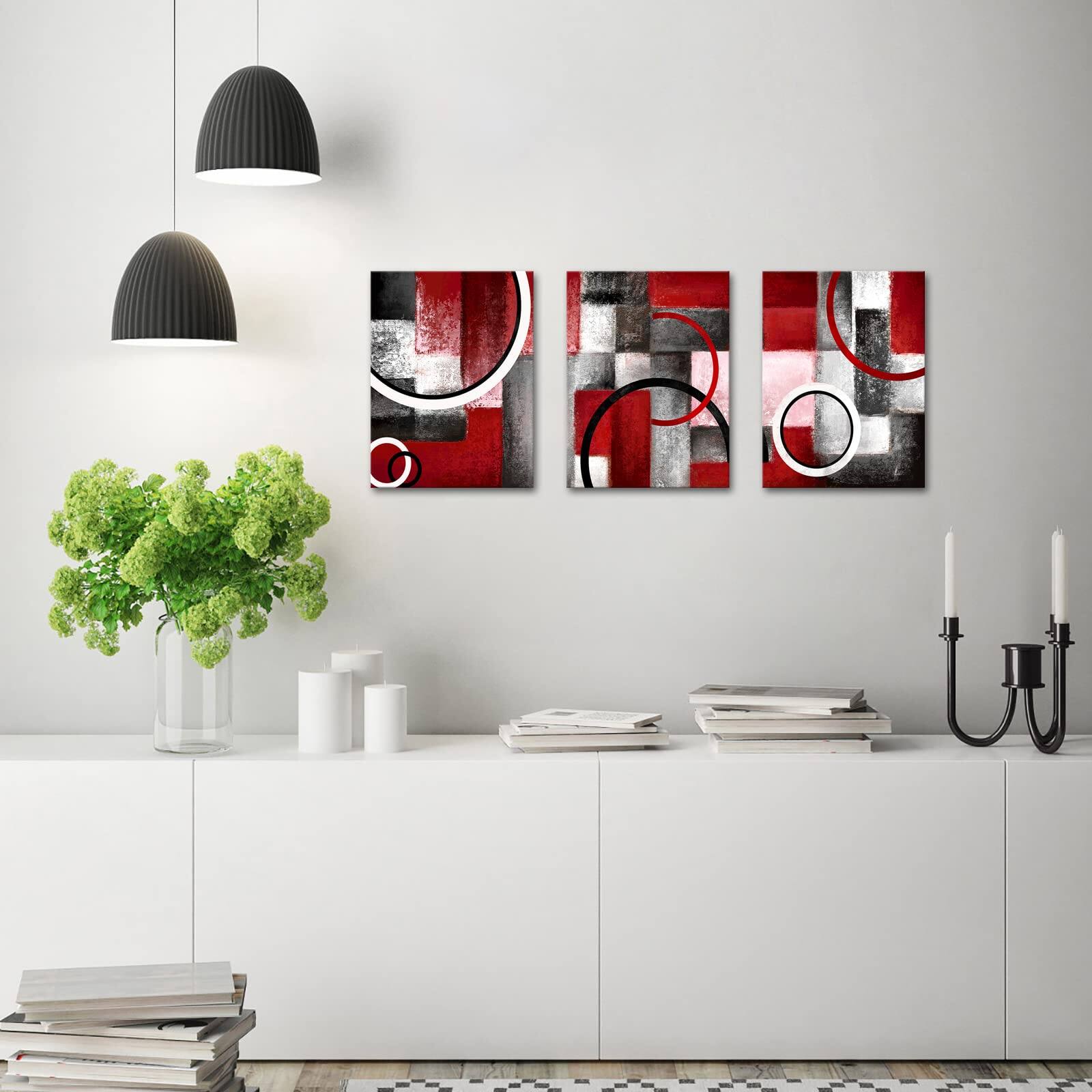 Alt View 2. Hirose Alice - Visual Art Decor Abstract Geometric Circle Canvas Wall Art Rustic Burgundy Red Prints Artwork for Living Room - Red.