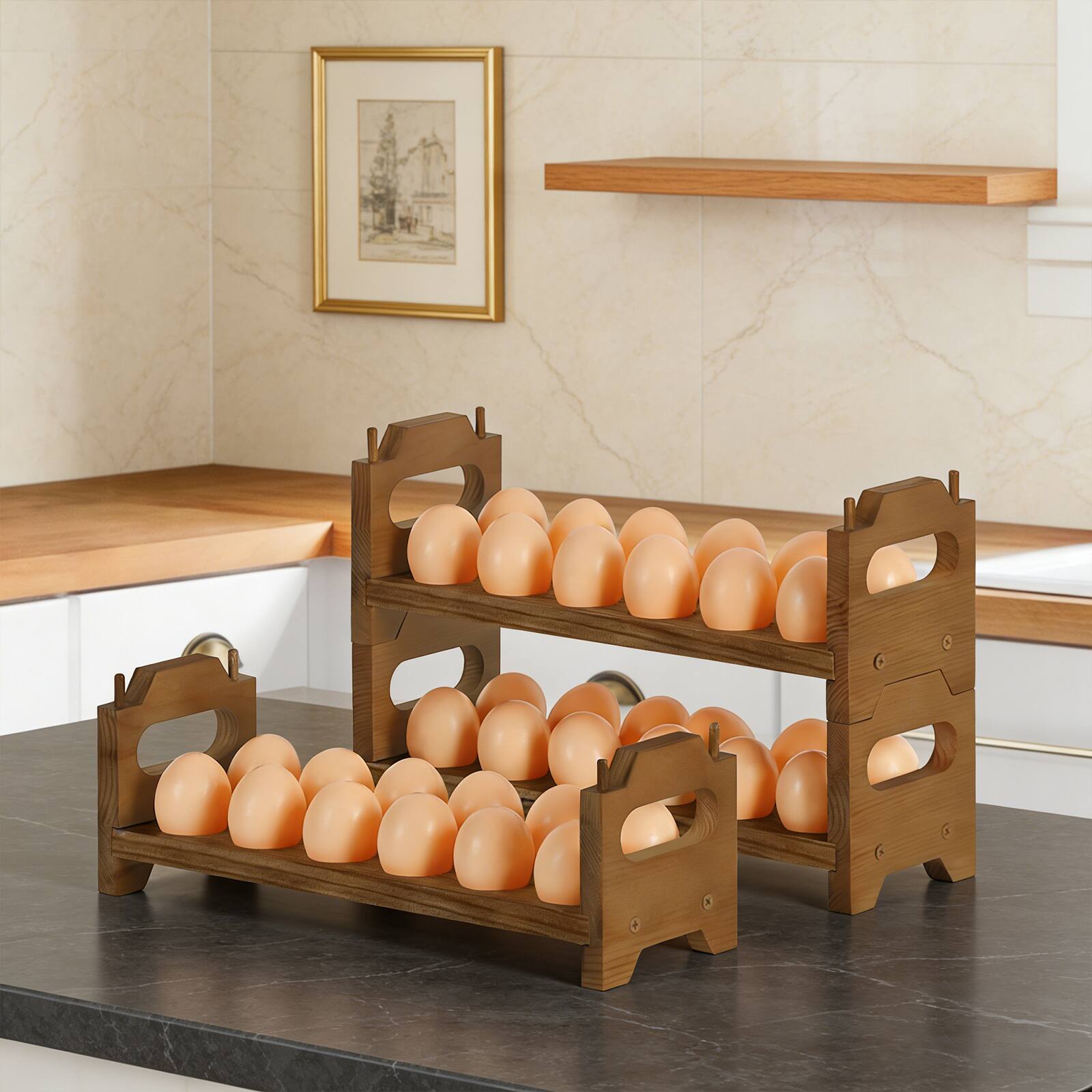 Angle. Oumilen - 3-Tier Stackable Solid Wood Egg Holder, Brown - Brown.
