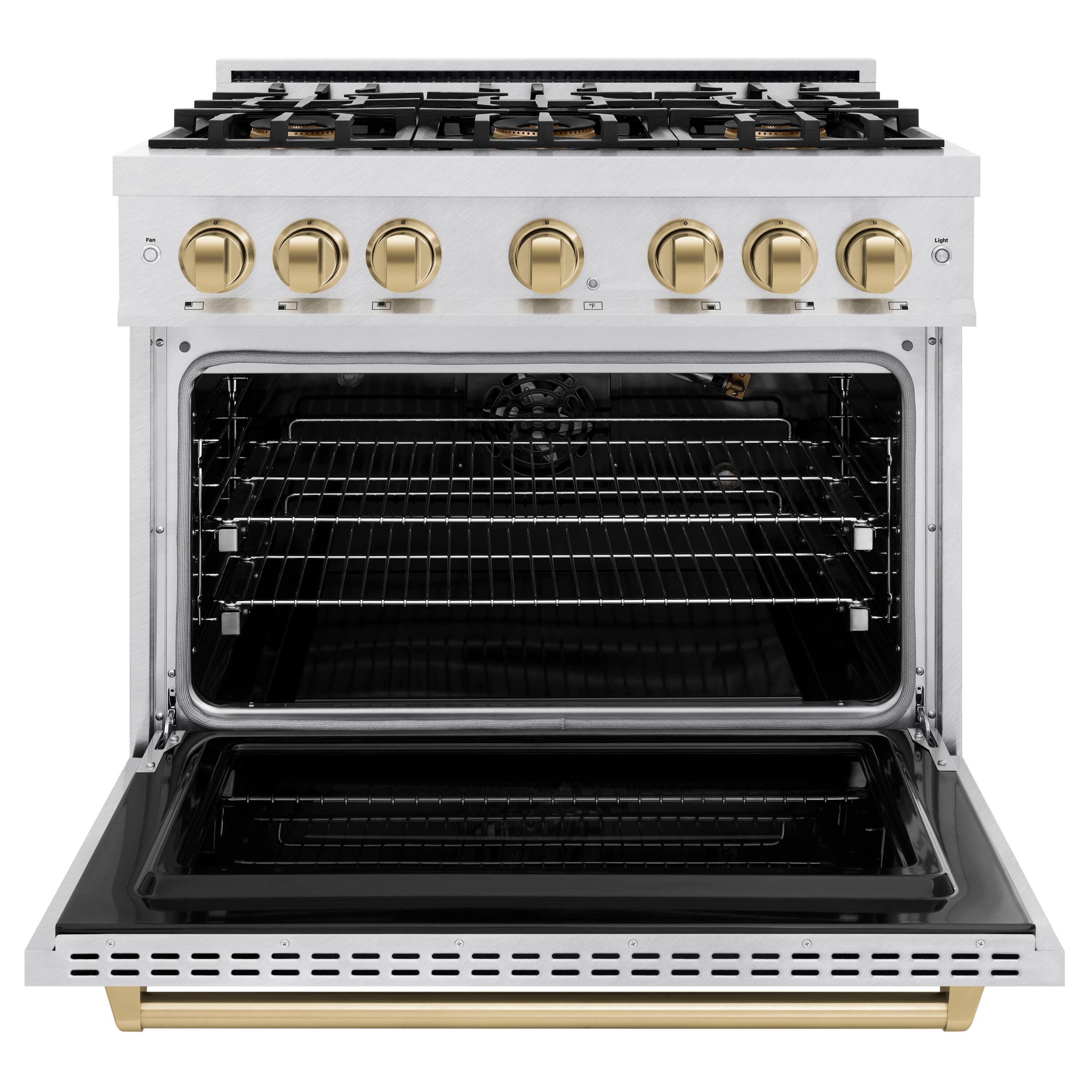 Angle. ZLINE - Autograph 36 in. 5.2 cu. ft. Classic Freestanding DuoPro Gas Range w/ Convection Oven in Satin Steel & Bronze Accents - Satin Stainless Steel.