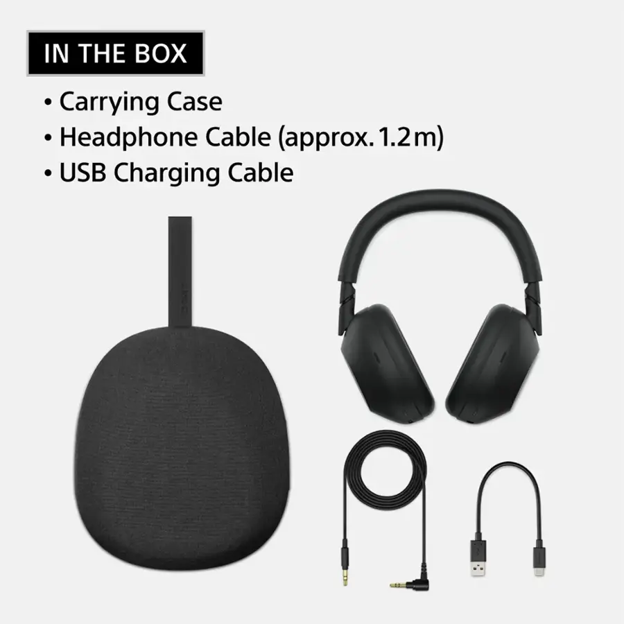 In the box, you will find a carrying case, headphone cable (approximately 1.2 meters), and a USB charging cable.