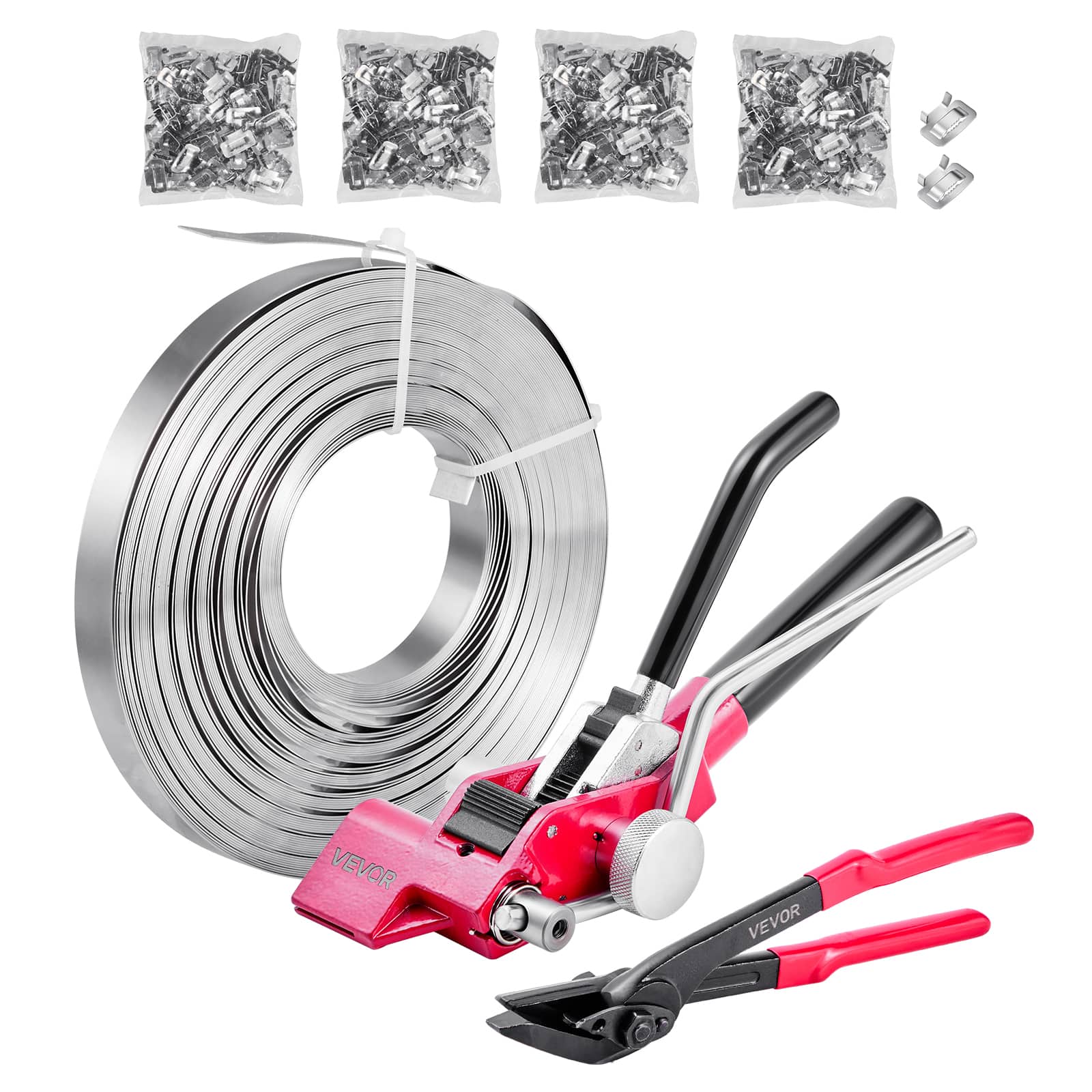 VEVOR - Steel Banding Strapping Kit, Heavy Duty Banding Sealer Tool with 400 ft Binding Straps, 400 Metal Clasps - Black + Dark Pink