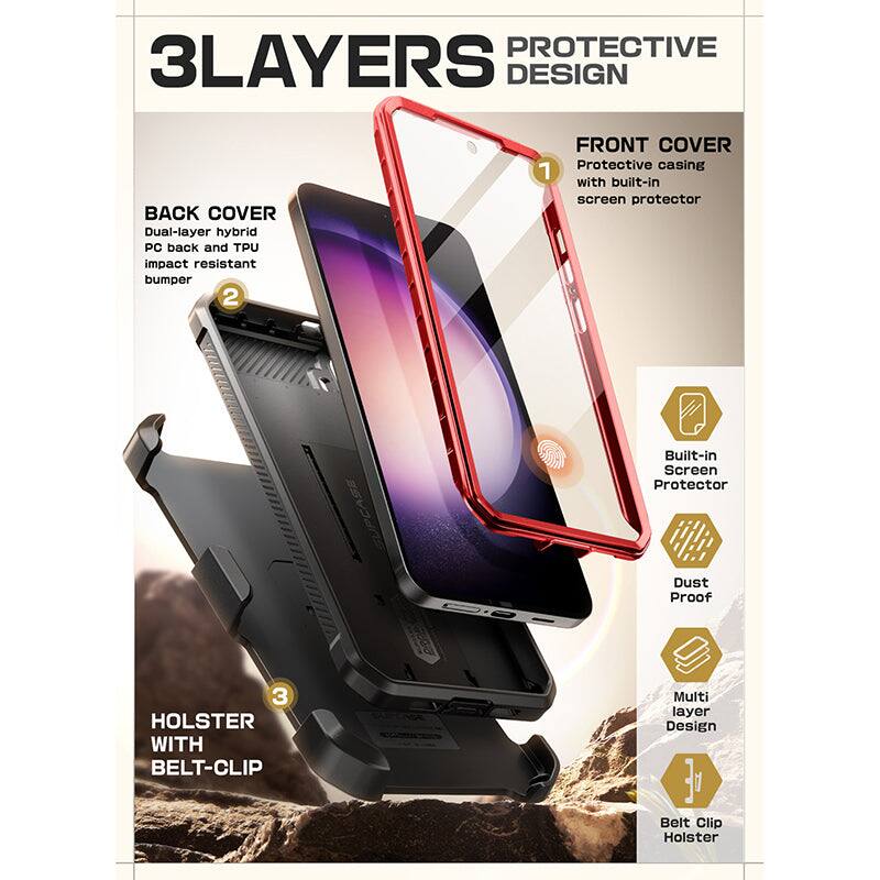 **3LAYERS PROTECTIVE DESIGN**

**BACK COVER**  
Dual-layer hybrid PC back and TPU impact resistant bumper

**FRONT COVER**  
Protective casing with built-in screen protector

**HOLSTER WITH BELT-CLIP**

- Built-in Screen Protector
- Dust Proof
- Multi layer Design
- Belt Clip Holster