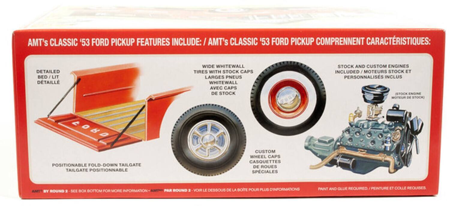 AMT's Classic '53 Ford Pickup Features Include:  
AMT's Classic '53 Ford Pickup Comprendent Caractéristiques:  

- Detailed Bed Lit Détail LIT Détail  
- Wide Whitewall Tires with Stock Caps Larges Pneus Whitewall avec Caps de Stock  
- Stock and Custom Engines Included/Moteurs Stock et Personnalisés Inclus  
- Positionable Fold-Down Tailgate Tailgate Positionnable  
- Custom Wheel Caps Casquettes de Roues Spéciales  

AMT by Round 2 - See Box Bottom for More Information Par Round 2 - Voir le Dessous de la Boite pour Plus d'Informations  

Paint and Glue Required Peinture et Colle Requises