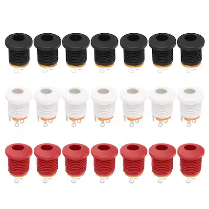 Front. Unique Bargains - 60pcs DC5521 5.5x2.1mm 30V 0.5A 3Pin Female Jack with Dust Plug for Guitar/Car Audio/Power Supply - Black, Red, White.