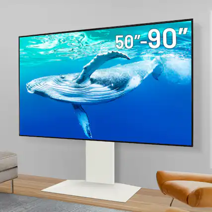 Front. WALL - V4 – Sleek Shallow Floor TV Stand for Extra Large 50-90 Inch, for Living Room and Bedroom, Japan-Engineered Design - Satin White.