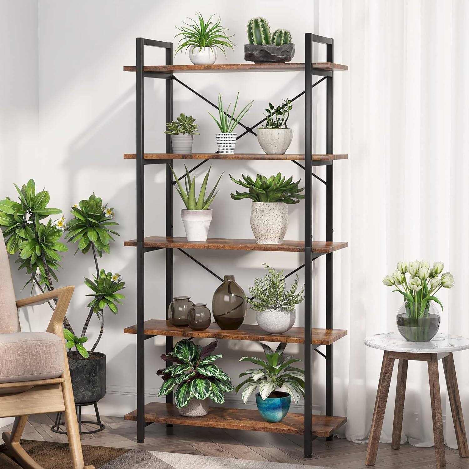 Alt View 3. TinyHomie - 63in Tall 5-Tier Rustic Brown Industrial Metal Bookshelf Unit for Living room Office and Kitchen - Black and Brown.