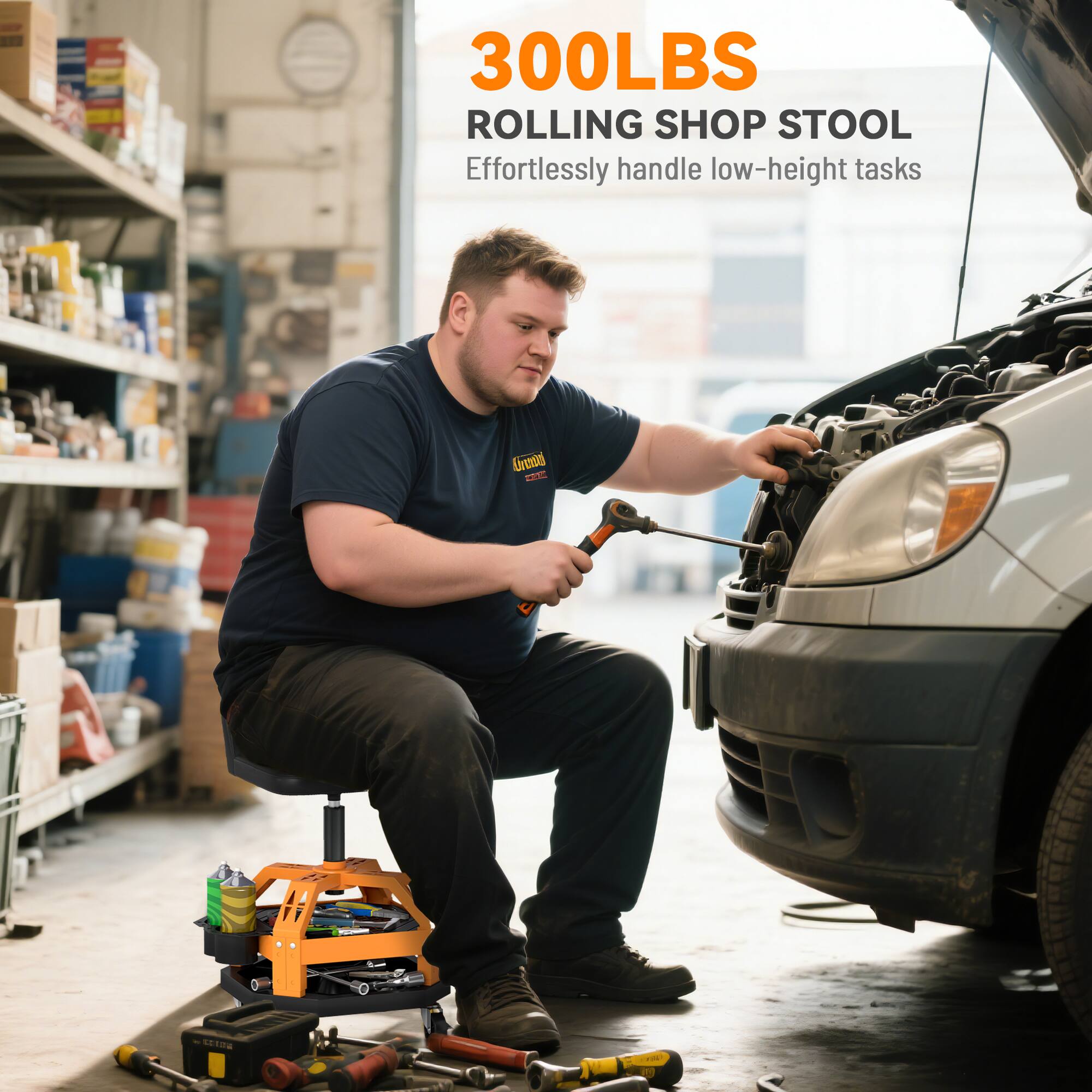 300LBS ROLLING SHOP STOOL Effortlessly handle low-height tasks
