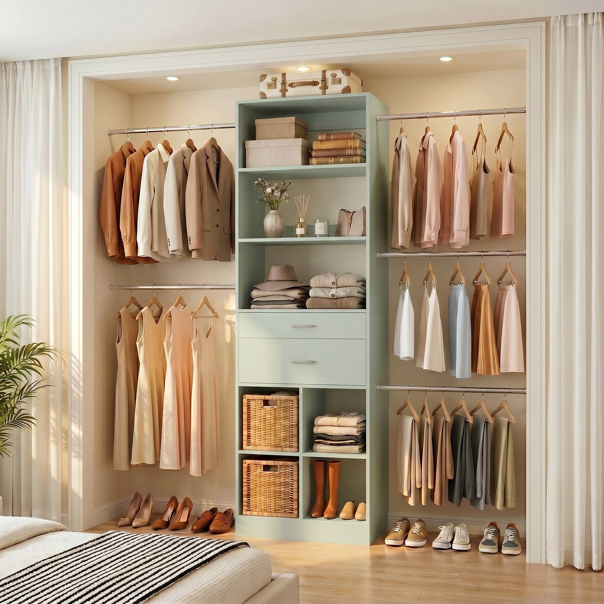 Left. Aheaplus - Small Closet System, 3.2-6.8FT Adjustable Closet Organizer with 2 Drawers & 5 Hanging Rods - Cyan.