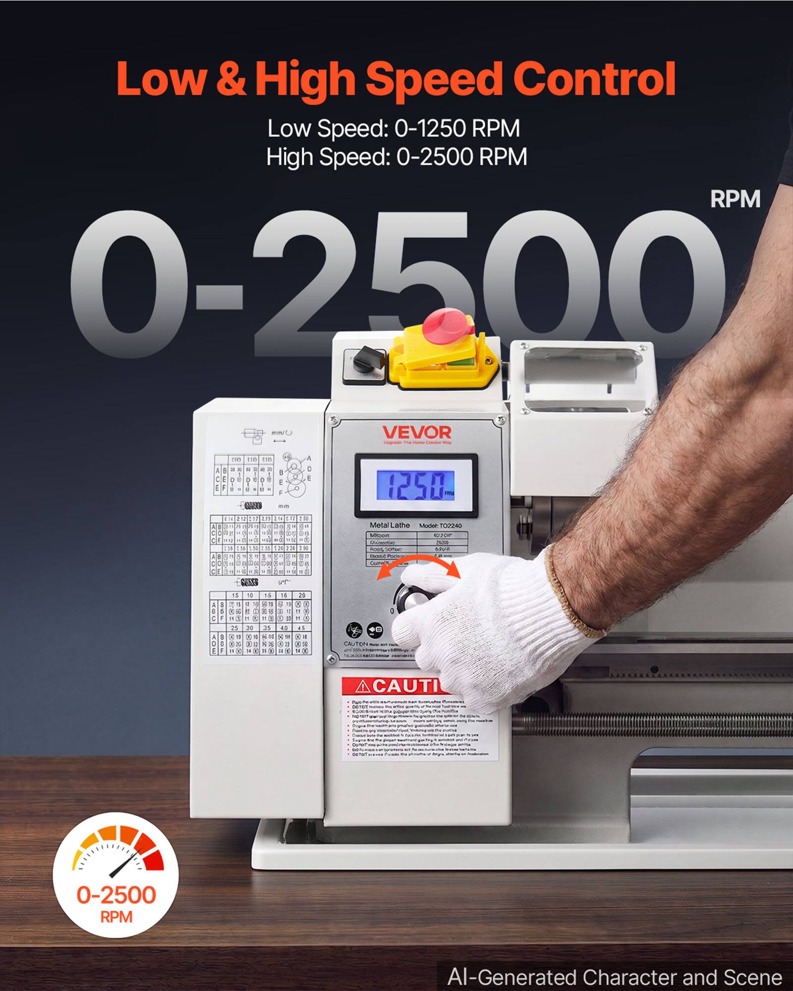 Low & High Speed Control  
Low Speed: 0-1250 RPM  
High Speed: 0-2500 RPM  
RPM 0-2500  

VEVOR  
Timpode The - - may  
... a 0  
110 on . 2 41  
1 E : -  
C C  
1250  
12 7: 2.11 IN : . : 14  
234  
Metal Lathe Model: TO2240 MOCIOUN ovor - 240ml 4005 XXX  15982 Proper Curn  
20  
15 10 15  25  e 6 16 F 2 C F a = 3 0 13 . 25 30 35 40 8 1 # X 18 : D  XX  X F F A 0 B a X 3  
CAUTION  
CAUTI to  
2  
...  
0-2500 RPM  

AI-Generated Character and Scene