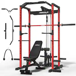 Mikolo - Multi-Functional Squat Rack with LAT Pulldown System Exercise Power Cages,Metal - Red