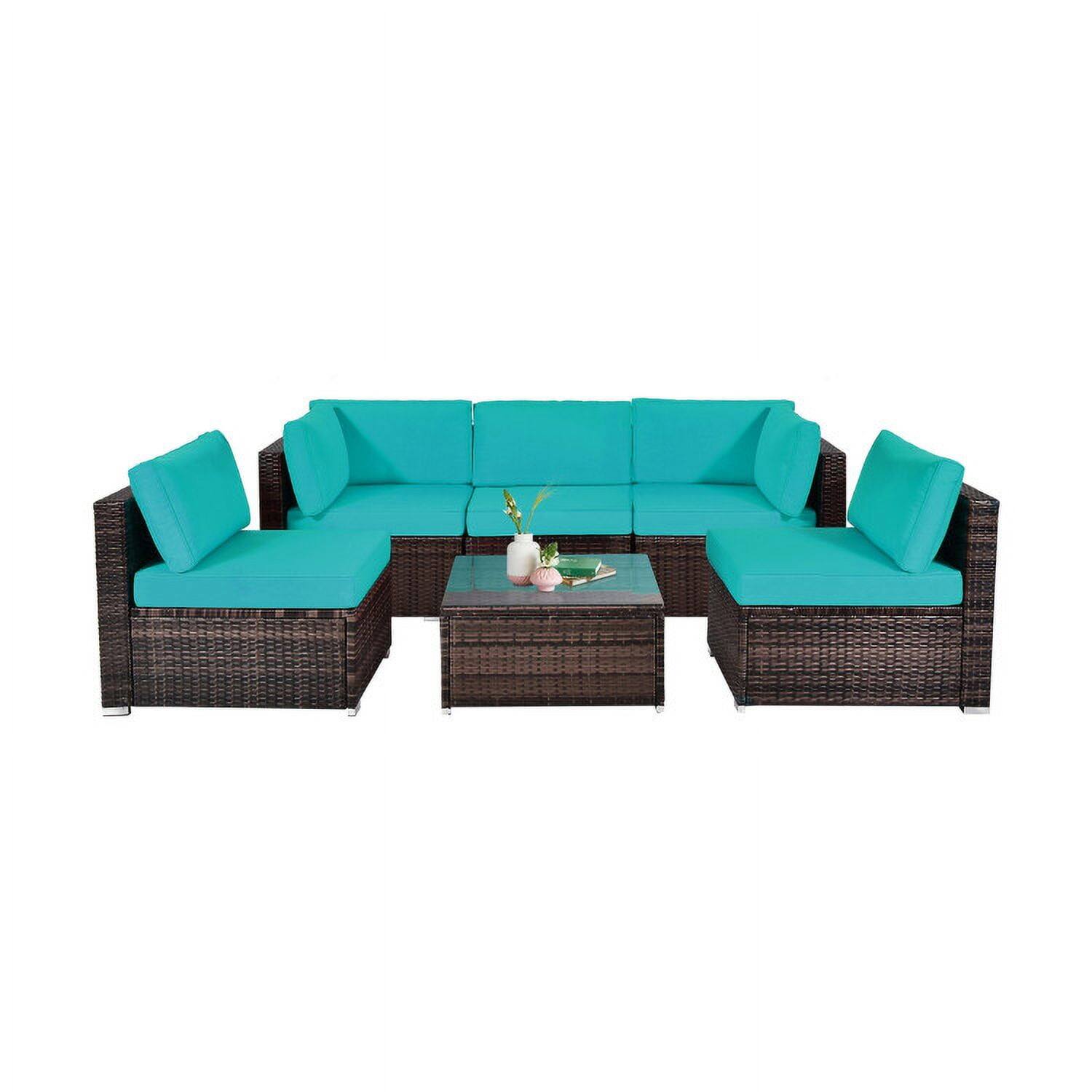 Alt View 1. Kadyn - 6 Pcs Patio Rattan Furniture Set with Cushions and Glass Coffee Table-Turquoise, Patio Seating Conversation Set - Blue.