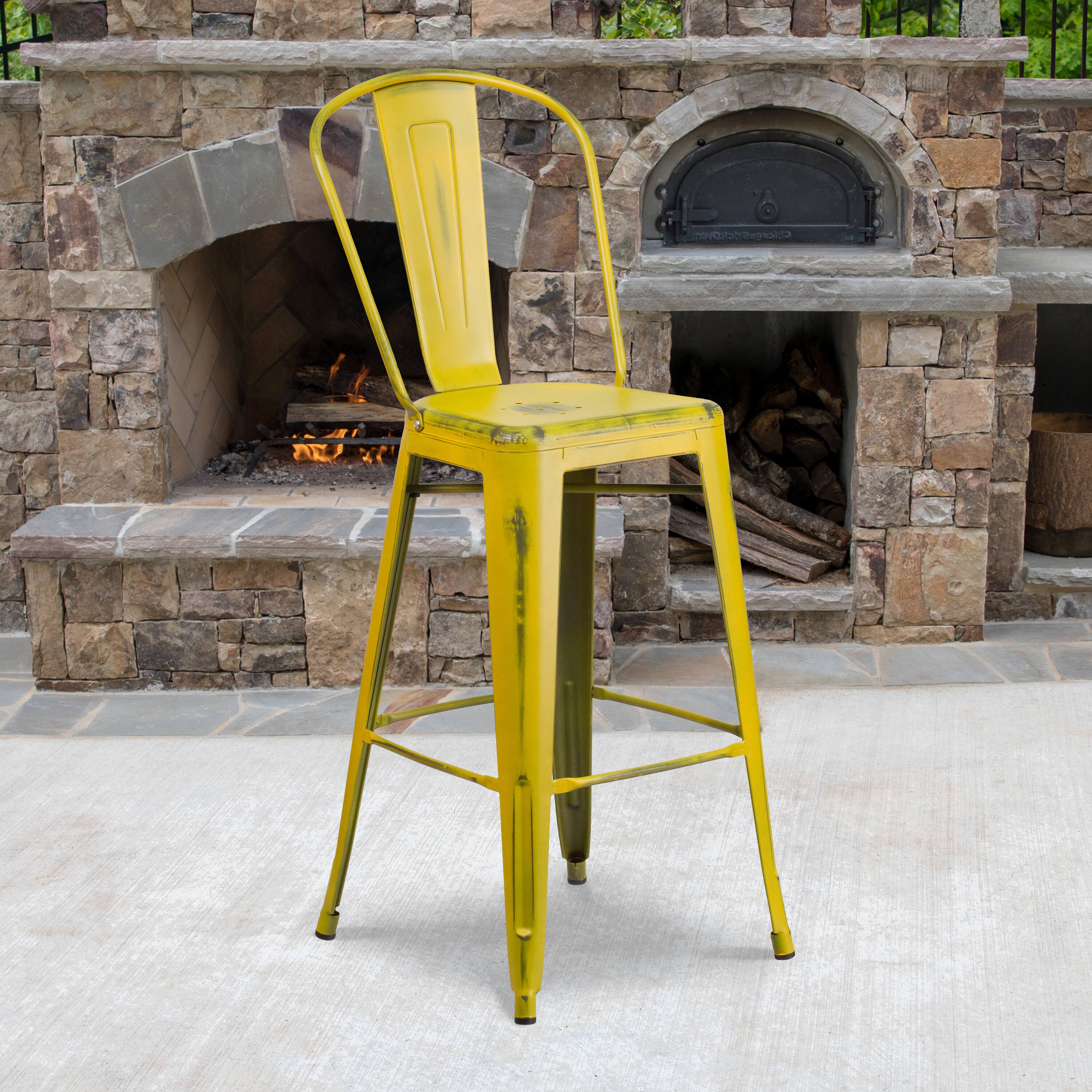 Angle. Flash Furniture - Cindy Commercial Grade 30" High Distressed Yellow Metal Indoor-Outdoor Barstool with Back - Yellow.