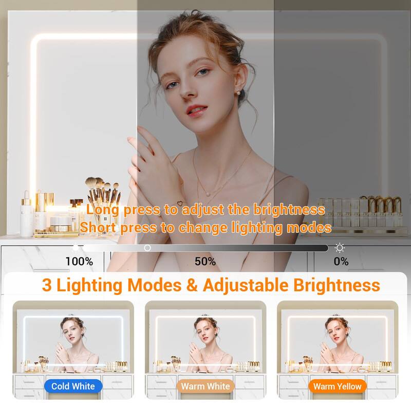Long press to adjust the brightness  
Short press to change lighting modes  

100% 50% 0%  

3 Lighting Modes & Adjustable Brightness  

Cold White  
Warm White  
Warm Yellow