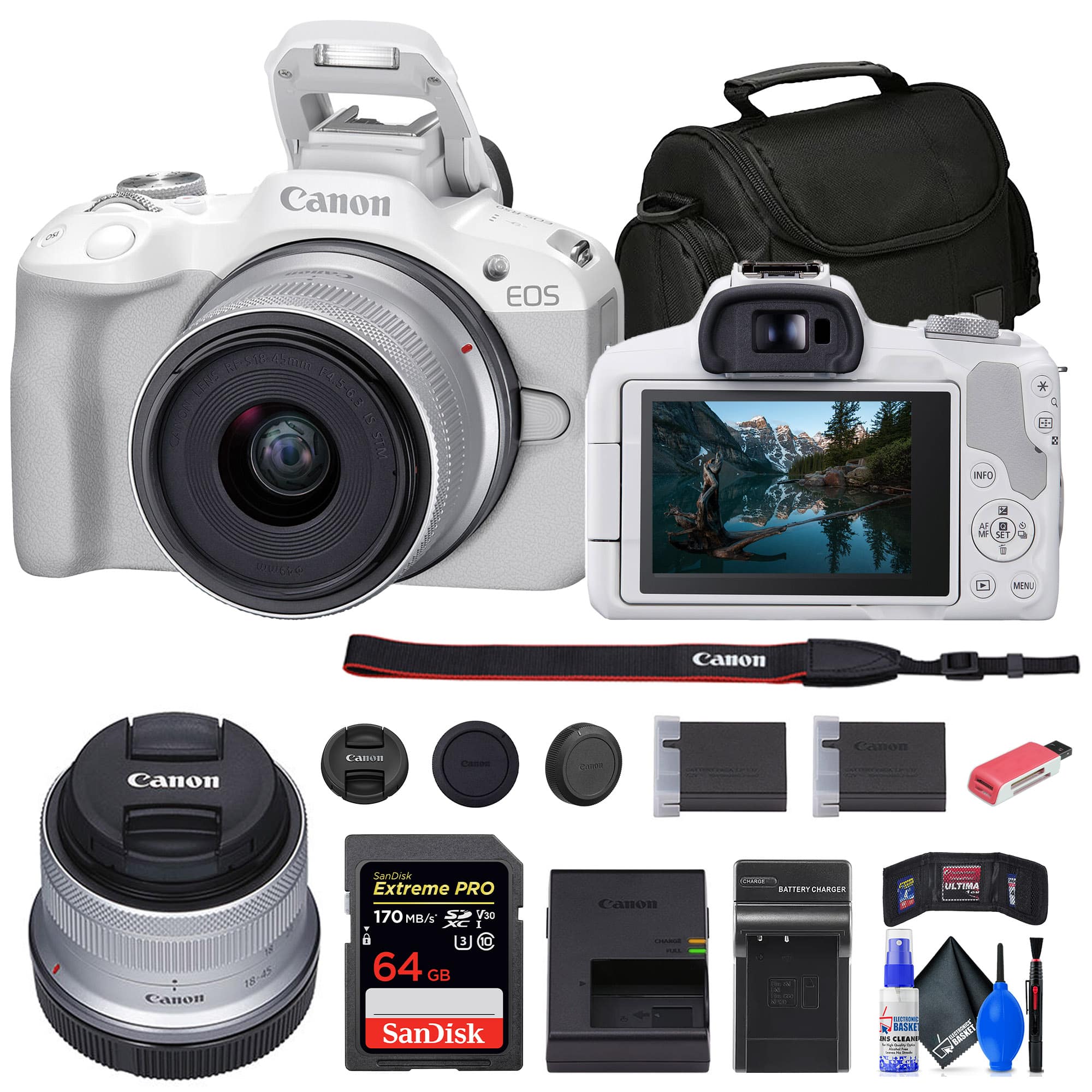 Canon - EOS R50 Mirrorless Camera with 18-45mm Lens + 64GB Card + Bag + More - White