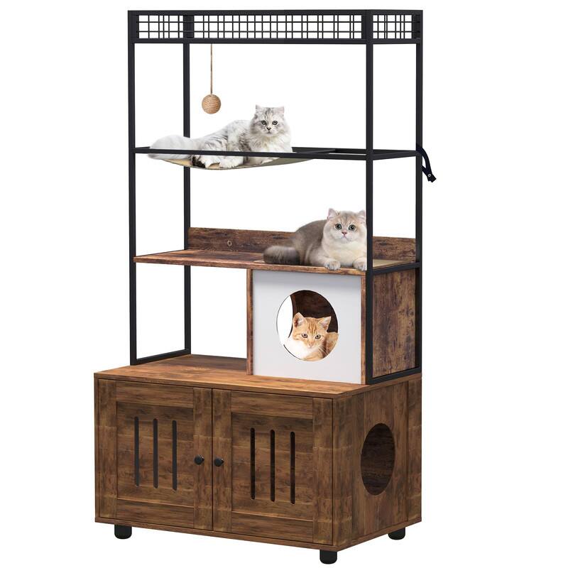 Alt View 4. GARVEE - Large Cat Litter Box Enclosure with Shelf, Multi-Functional Wooden Cabinet w/Cat Condo, Sisal Hammock & Play Ball - Brown.