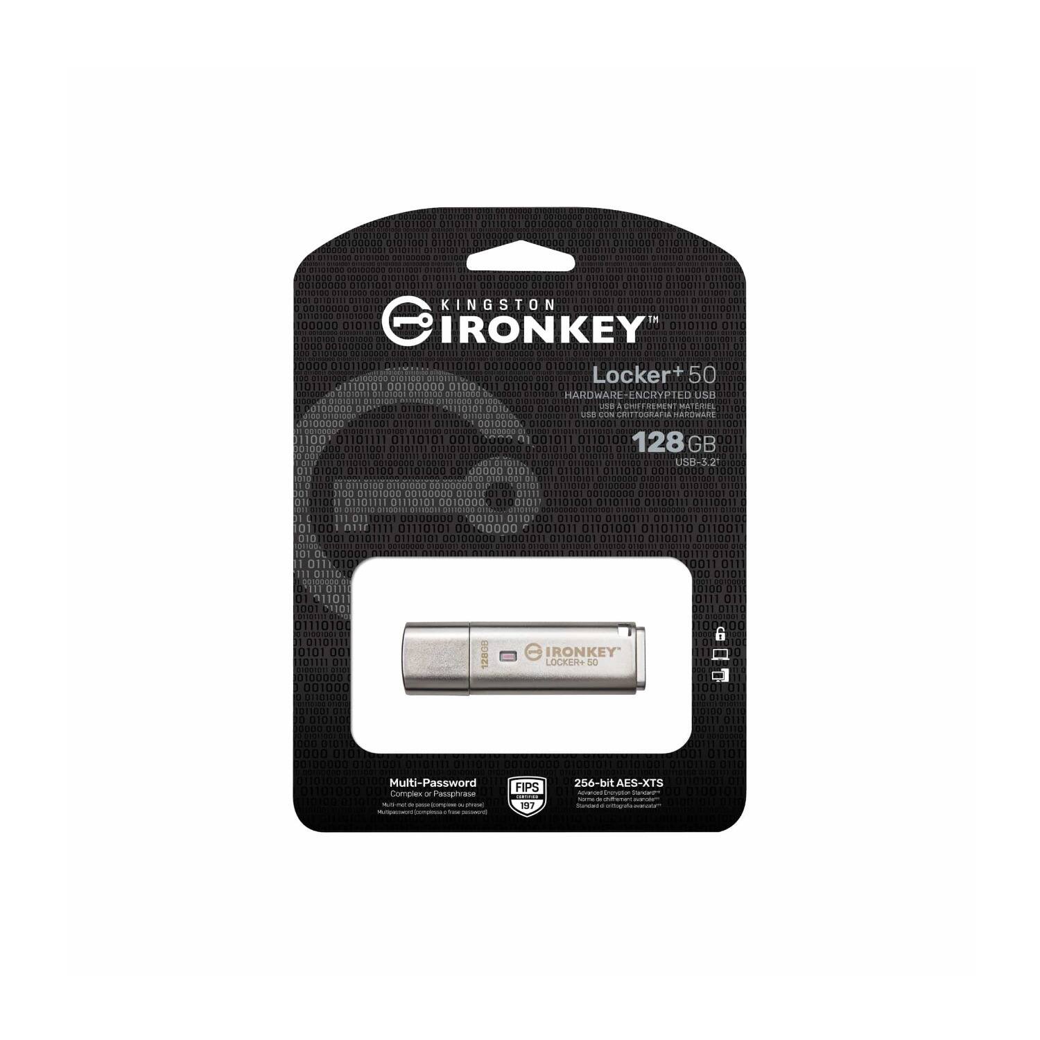 KINGSTON  
IRONKEY  
LOCKER+50  
128GB  
USB 3.2  

HARDWARE-ENCRYPTED USB  
USB CON CRIPTOGRAFÍA HARDWARE  
USB CON CRIPTOGRAFÍA HARDWARE  

256-bit AES-XTS  
NIST 197  

Multi-Password  
Multi-Passwort  
Multi-Password  
Multi-Password  

FIPS 197