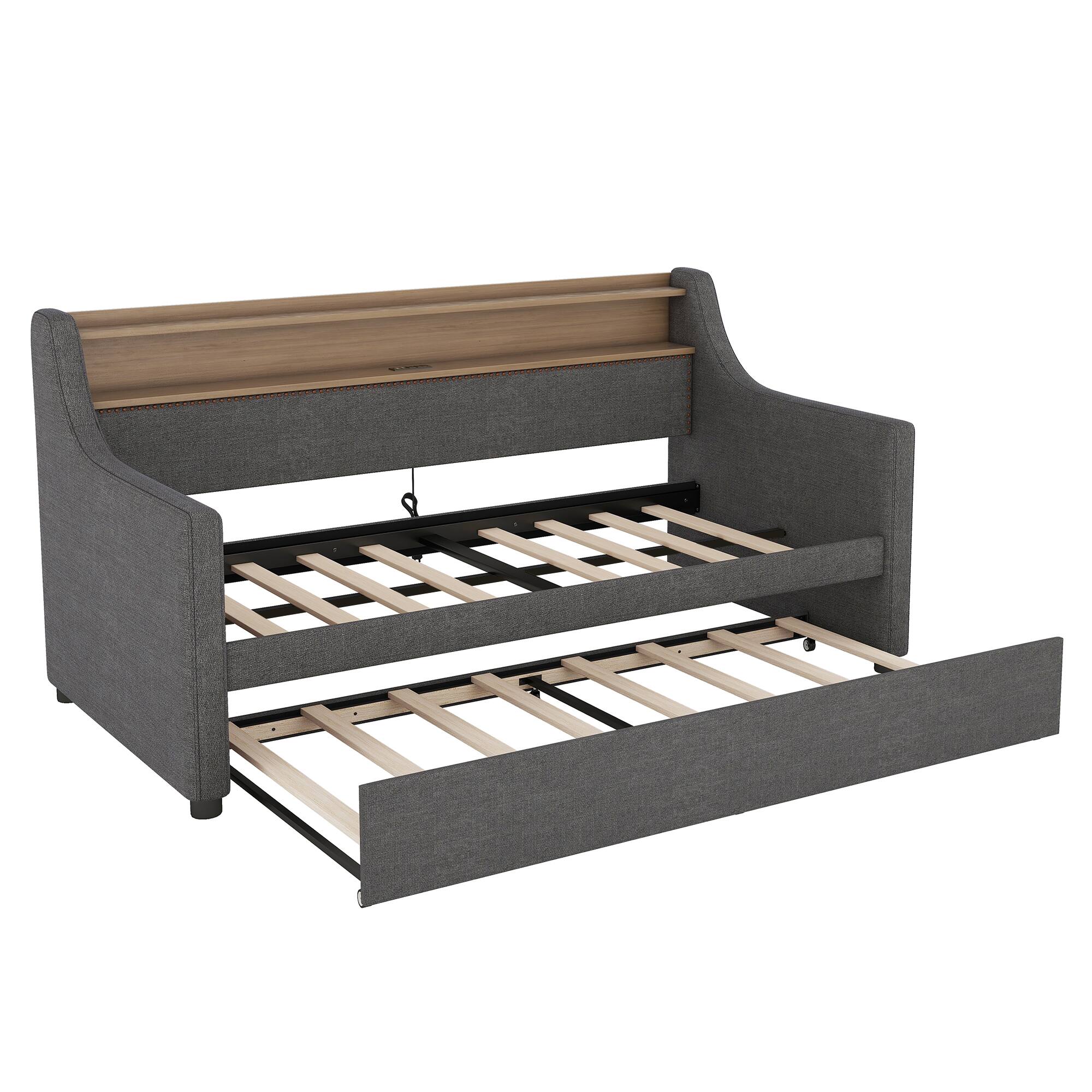 Alt View 10. Tiramisubest - Twin Size Daybed with Trundle Bed, Upholstered Daybed with Charging Station and LED Lights, Gray - Gray.