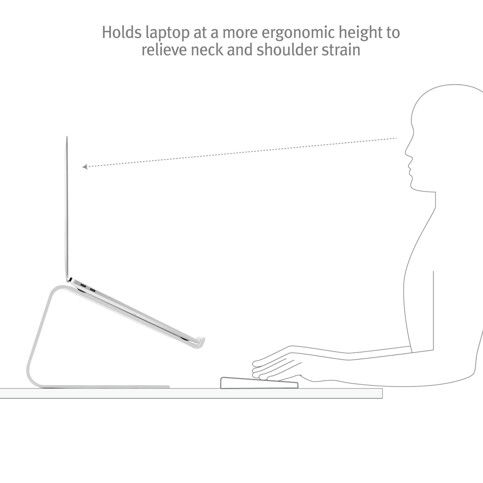 Holds laptop at a more ergonomic height to relieve neck and shoulder strain