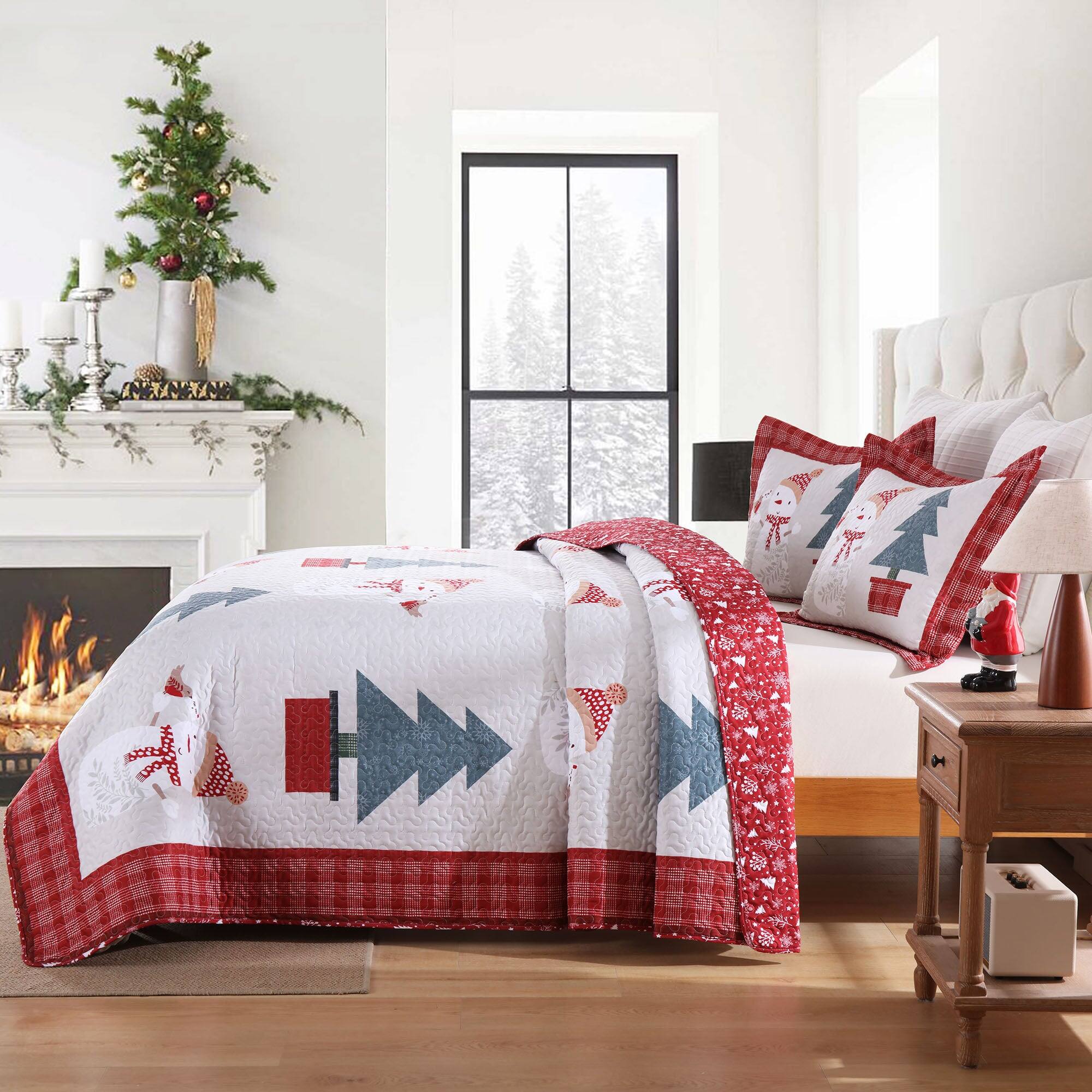 Alt View 4. MarCielo - MarCielo 3 Pcs Snowman and Tree Christmas Polyester Quilt Reversible Holiday Bedspread Set - Red.