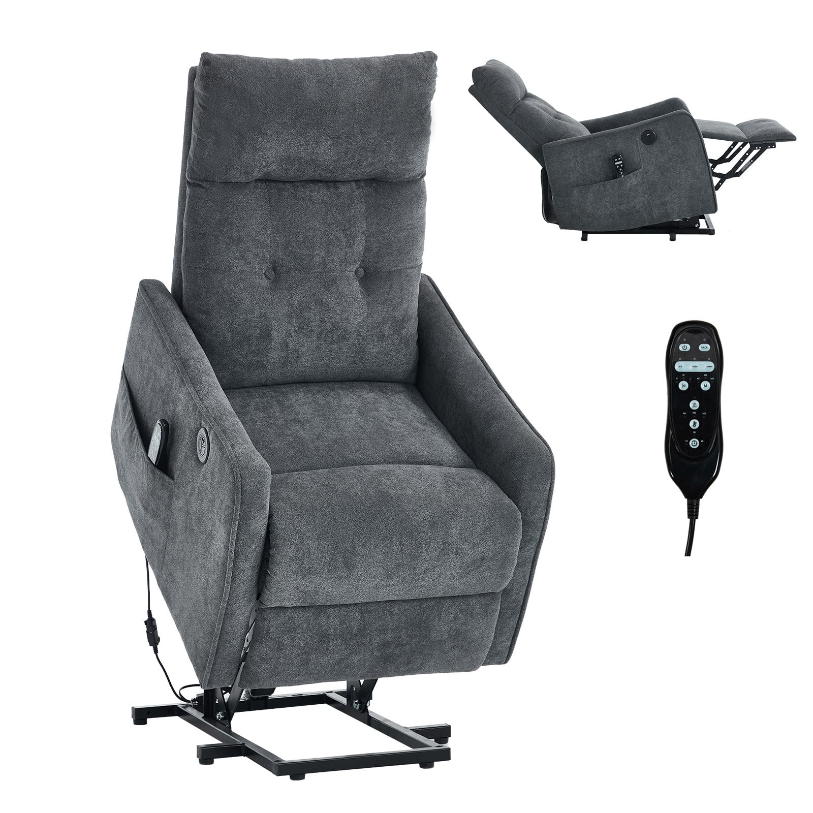 LUCKY ONE - Chenille Single Motor Power Lift Recliner Chair with Massage, Heat & USB Charging - Gray