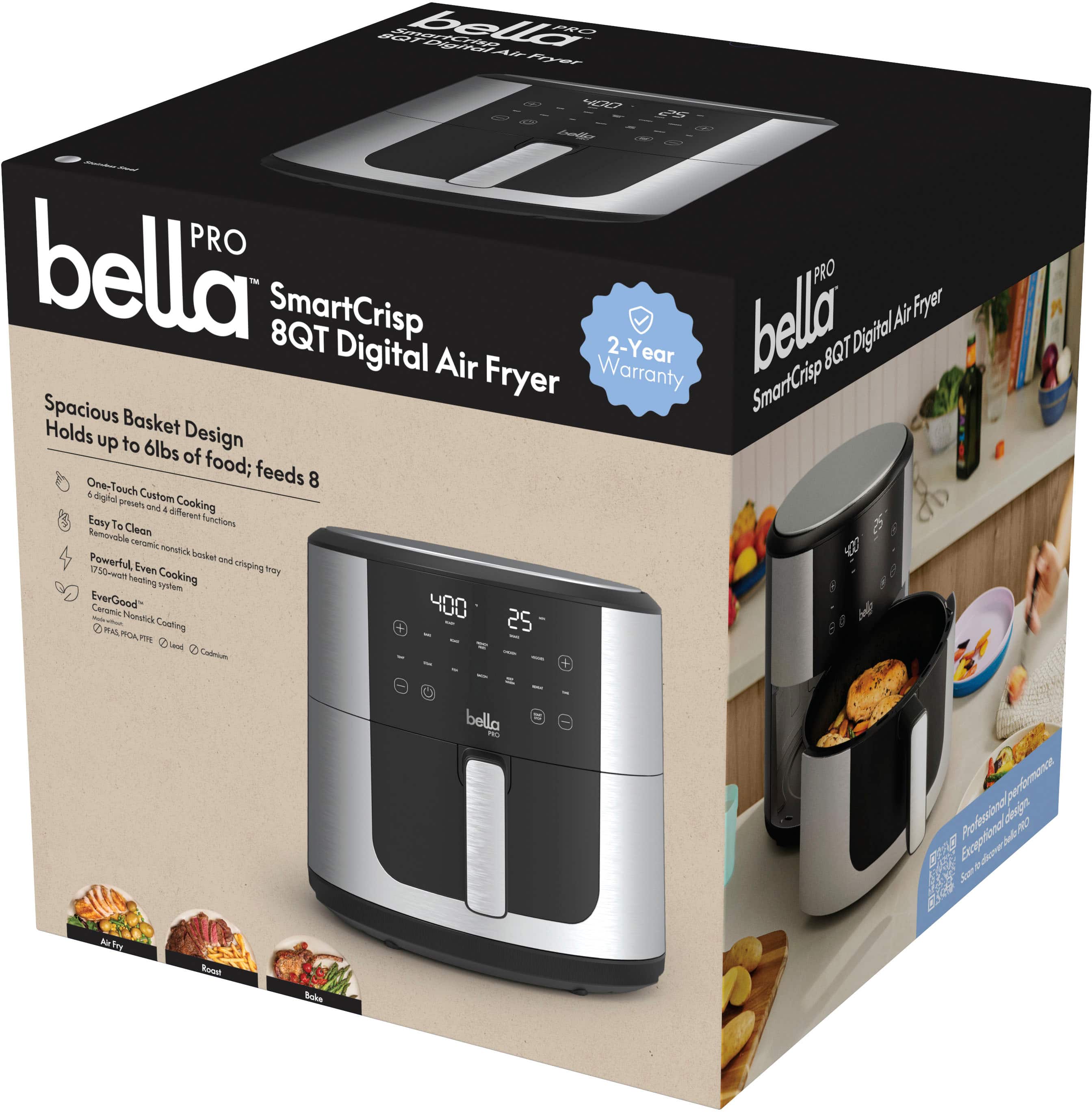 Bella Pro SmartCrisp 8QT Digital Air Fryer - 2-Year Warranty - Spacious Basket - Holds up to 6lbs of food; feeds 8 - Customizable cooking settings - Even cooking - One-Touch digital control - Easy to clean - Removable non-stick basket - 400°F Fast Preheat - 25 Quick Cooking Functions - 800°F Max Temperature - 10mw Infrared Heating - Even cooking - One-Touch digital control - Easy to clean - Removable non-stick basket - 400°F Fast Preheat - 25 Quick Cooking Functions - 800°F Max Temperature - 10mw Infrared Heating - Even cooking - One-Touch digital control - Easy to clean - Removable non-stick basket - 400°F Fast Preheat - 25 Quick Cooking Functions - 800°F Max Temperature - 10mw Infrared Heating - Even cooking - One-Touch digital control - Easy to clean - Removable non-stick basket - 400°F Fast Preheat - 25 Quick Cooking Functions - 800°F Max Temperature - 10mw Infrared Heating - Even cooking - One-Touch digital control - Easy to clean - Removable non-stick basket - 400°F Fast Preheat - 25 Quick Cooking Functions - 800°F Max Temperature - 10mw Infrared Heating - Even cooking - One-Touch digital control - Easy to clean - Removable non-stick basket - 400°F Fast Preheat - 25 Quick Cooking Functions - 800°F Max Temperature - 10mw Infrared Heating - Even cooking - One-Touch digital control - Easy to clean - Removable non-stick basket - 400°F Fast Preheat - 25 Quick Cooking Functions - 800°F Max Temperature - 10mw Inf