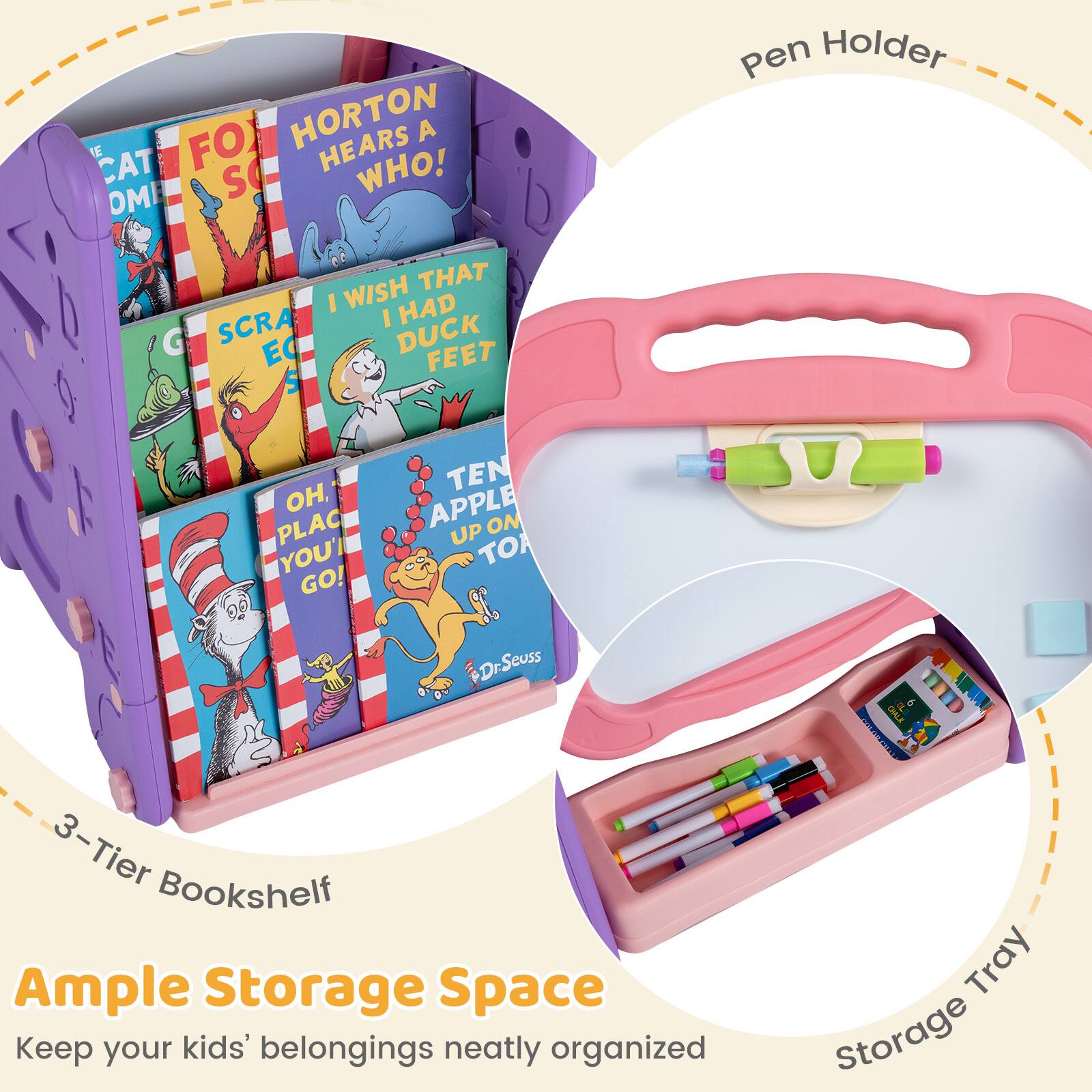 E FO HORTON HEARS A CAT S WHO! OMI Pen Holder WISH THAT I HAD SCRA I EC DUCK FEET 5 OH, PLAC YOU'I GO! TEN APPLE ON UP TO Dr.Seuss 2 3 - 3-Tier Tier Bookshelf Ample Storage Space Keep your kids' belongings neatly organized! Tray Storage